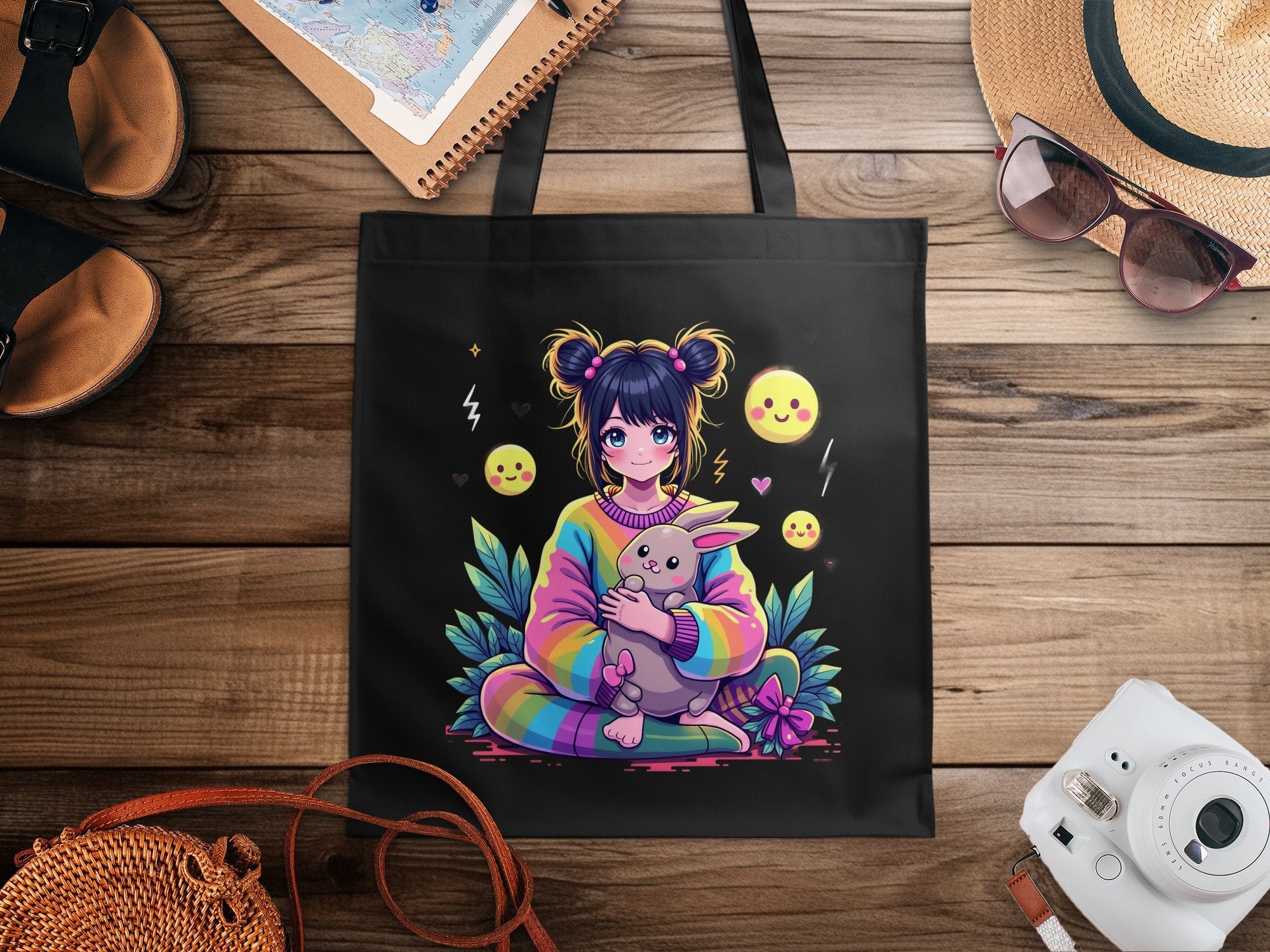 Cute Anime Girl Tote Bag with Bunny Colorful Design Rainbow Kawaii Art, Perfect for Gifts, Shopping, School, Reusable Bag - Craig Michael Design