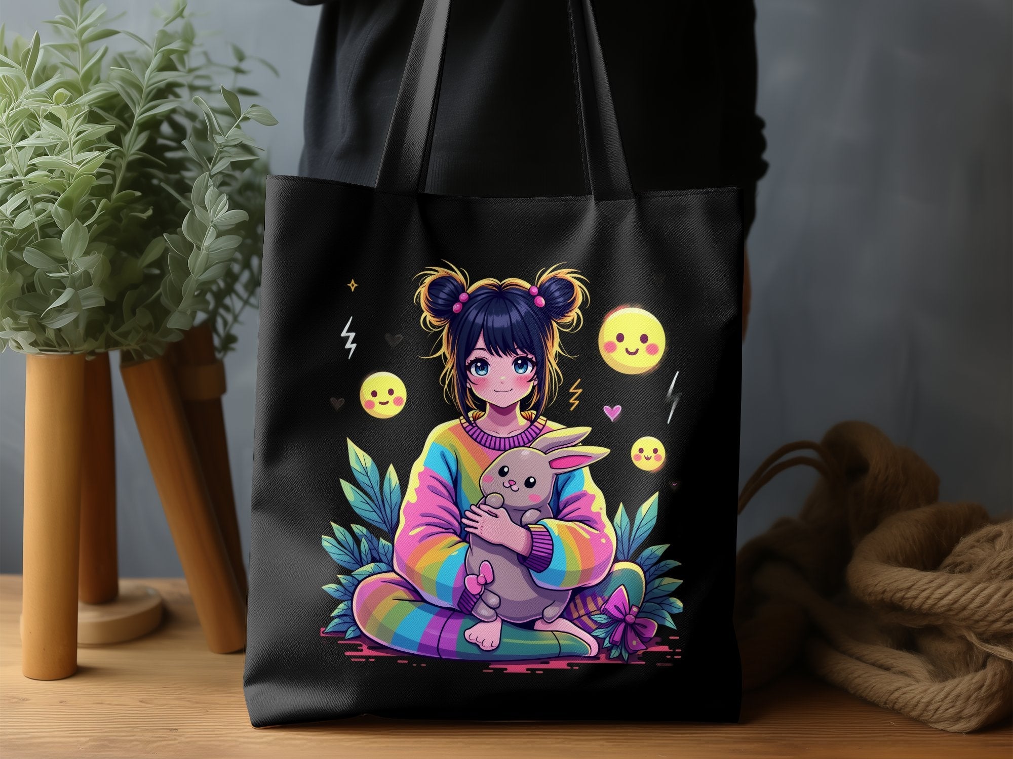 Cute Anime Girl Tote Bag with Bunny Colorful Design Rainbow Kawaii Art, Perfect for Gifts, Shopping, School, Reusable Bag - Craig Michael Design