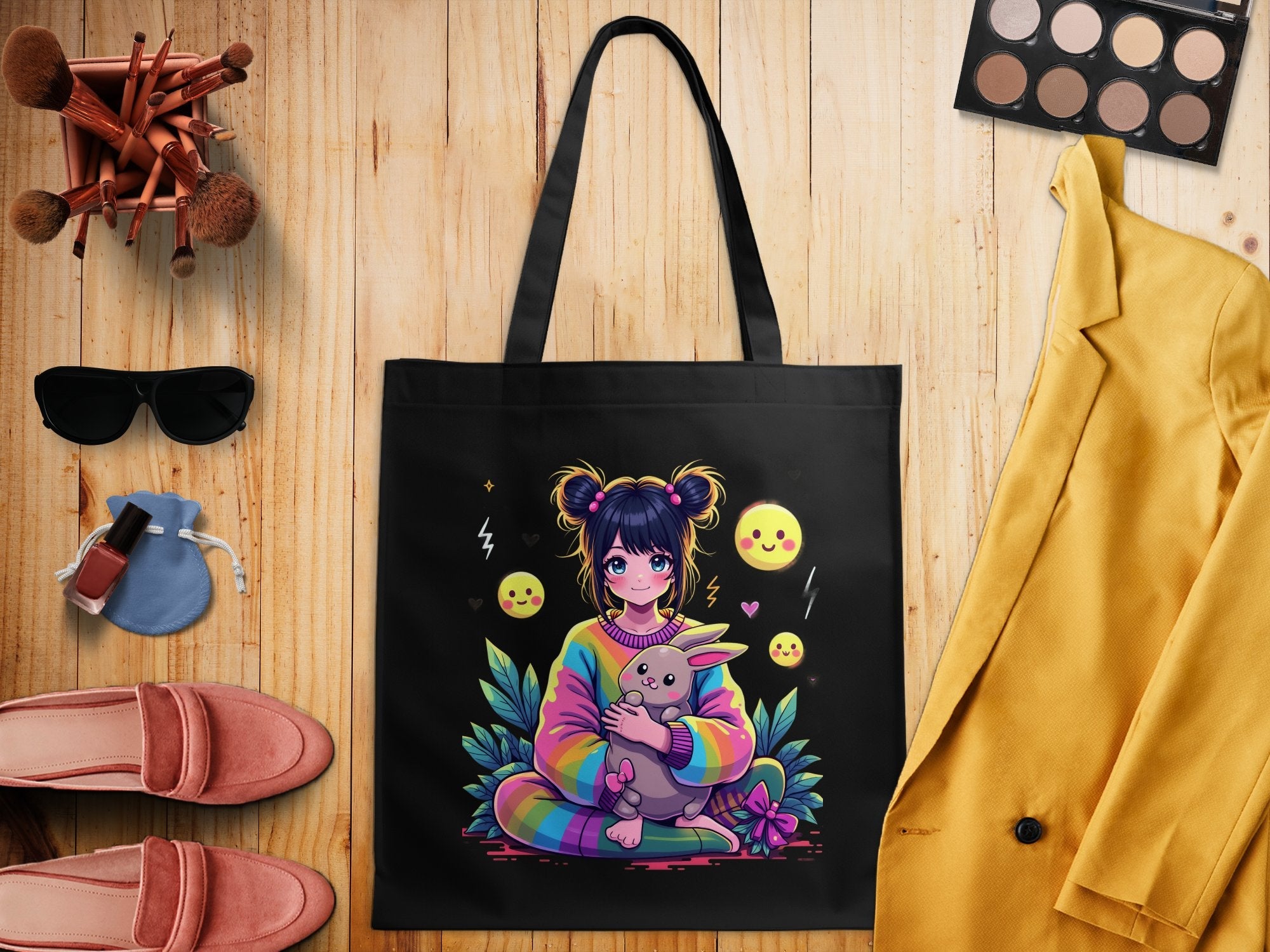 Cute Anime Girl Tote Bag with Bunny Colorful Design Rainbow Kawaii Art, Perfect for Gifts, Shopping, School, Reusable Bag - Craig Michael Design