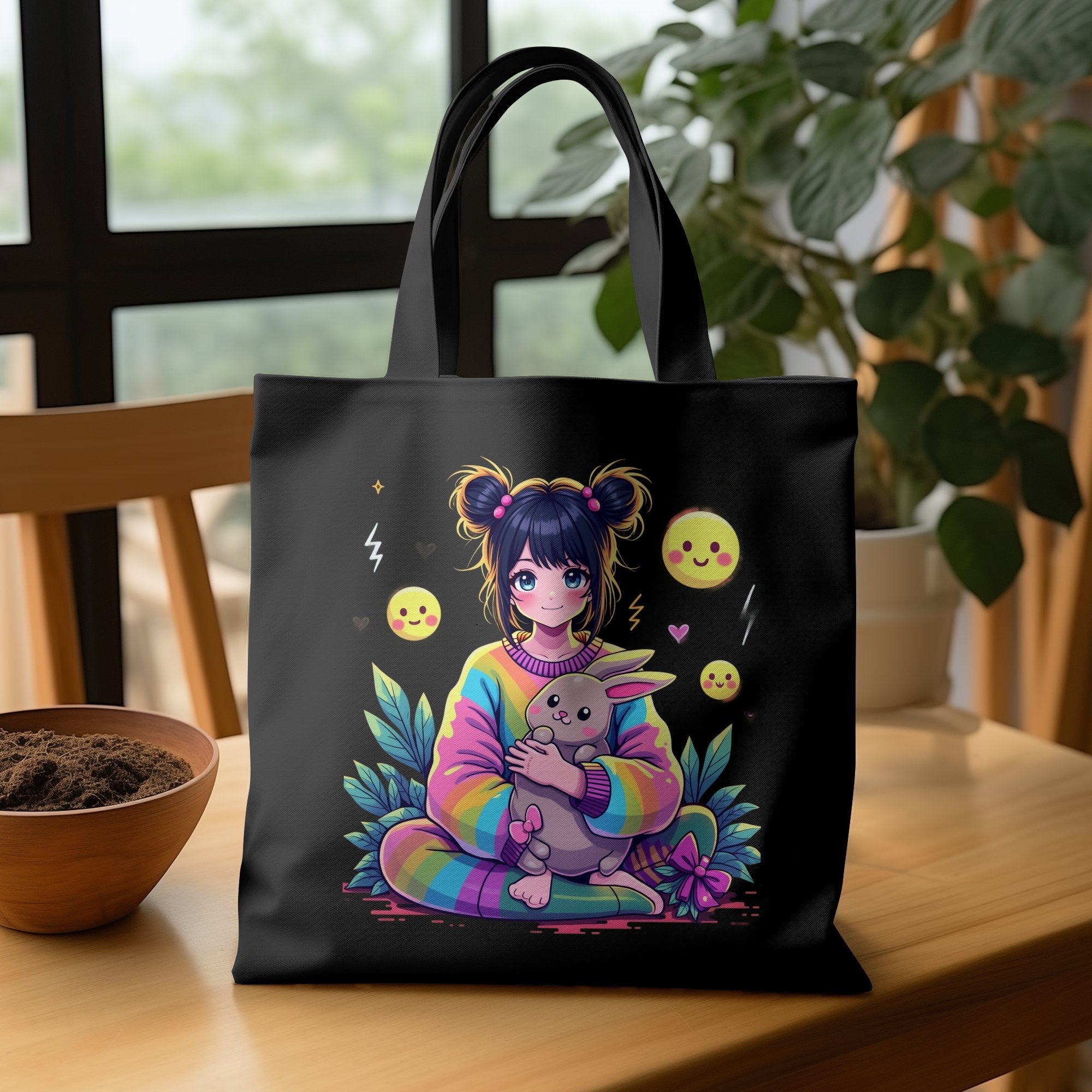 Cute Anime Girl Tote Bag with Bunny Colorful Design Rainbow Kawaii Art, Perfect for Gifts, Shopping, School, Reusable Bag - Craig Michael Design