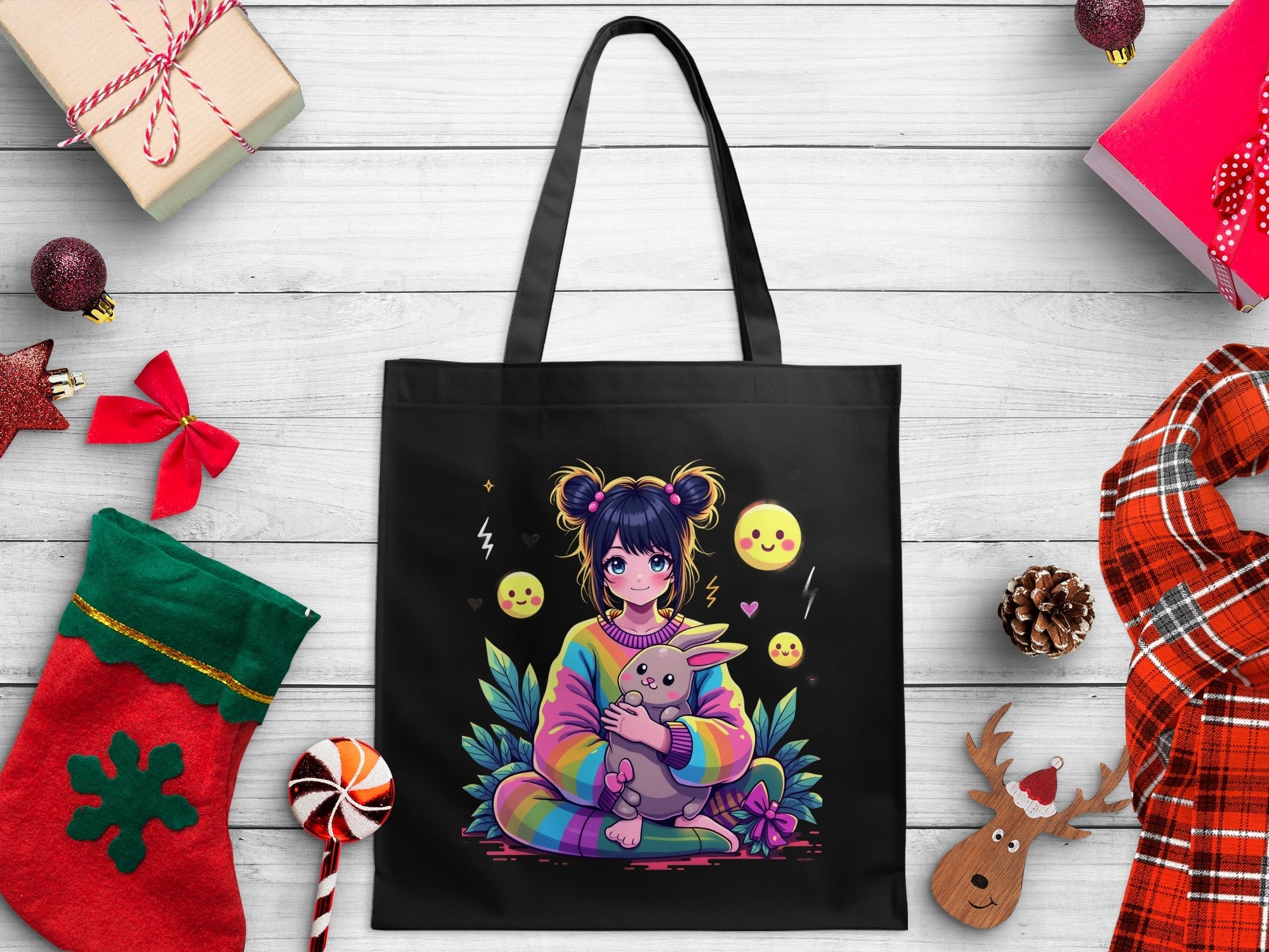 Cute Anime Girl Tote Bag with Bunny Colorful Design Rainbow Kawaii Art, Perfect for Gifts, Shopping, School, Reusable Bag - Craig Michael Design