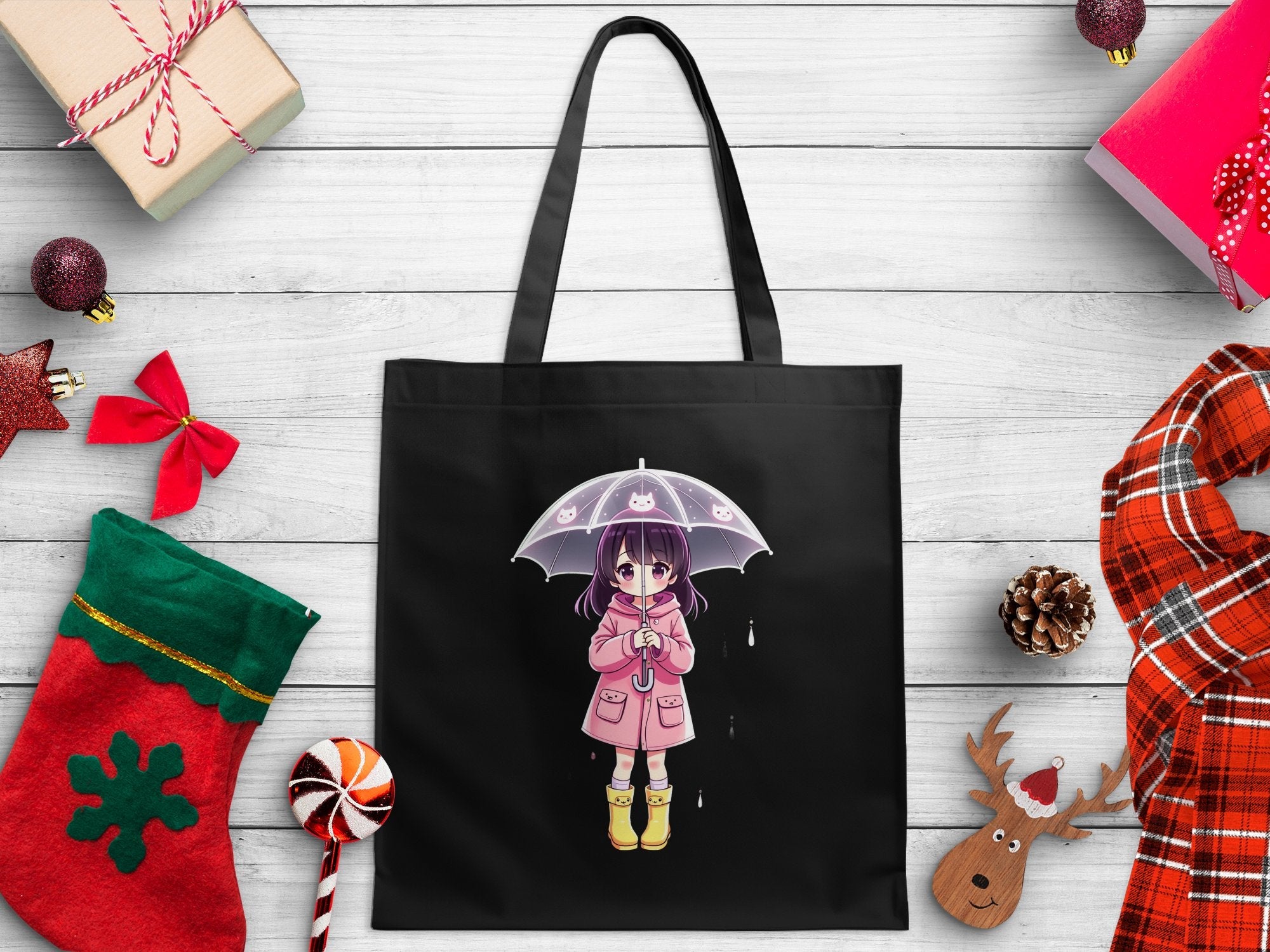 Cute Anime Girl with Umbrella Tote Bag, Kawaii Pink Coat Yellow Boots Anime Character Bag, Adorable Anime Accessories Gift - Craig Michael Design