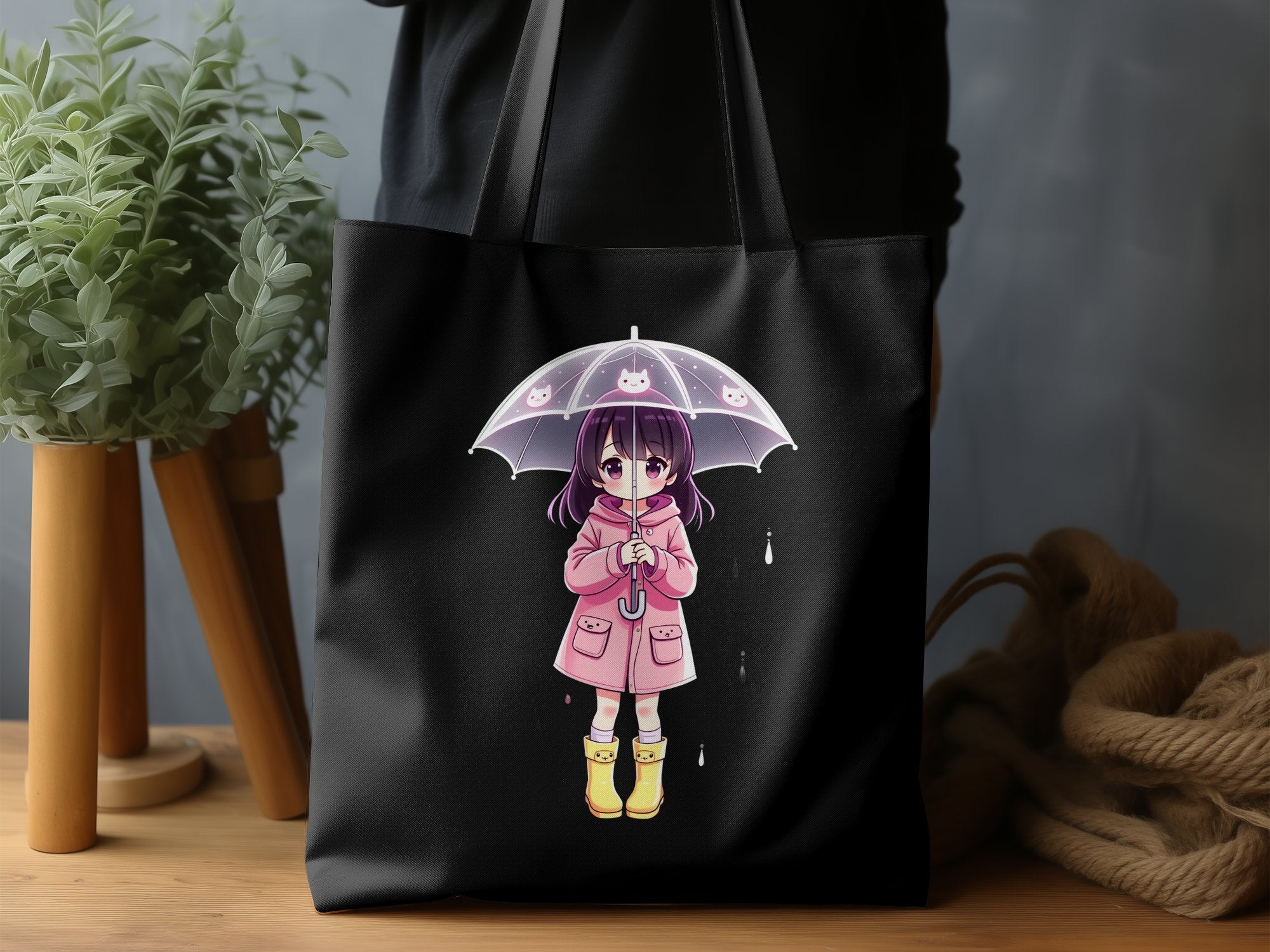 Cute Anime Girl with Umbrella Tote Bag, Kawaii Pink Coat Yellow Boots Anime Character Bag, Adorable Anime Accessories Gift - Craig Michael Design