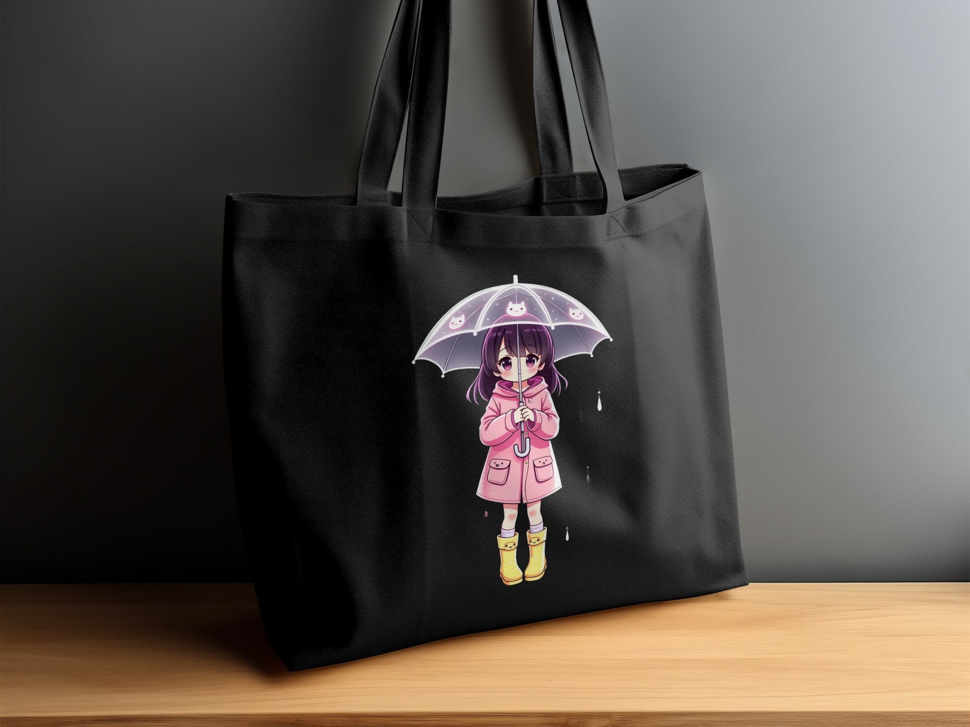 Cute Anime Girl with Umbrella Tote Bag, Kawaii Pink Coat Yellow Boots Anime Character Bag, Adorable Anime Accessories Gift - Craig Michael Design