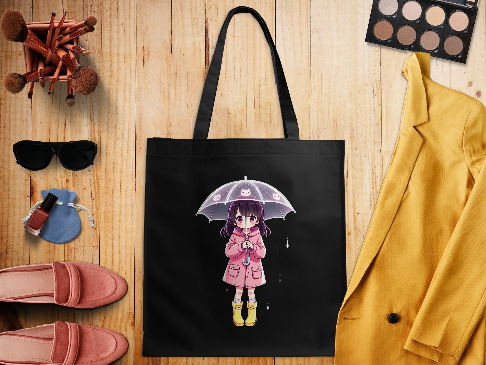 Cute Anime Girl with Umbrella Tote Bag, Kawaii Pink Coat Yellow Boots Anime Character Bag, Adorable Anime Accessories Gift - Craig Michael Design