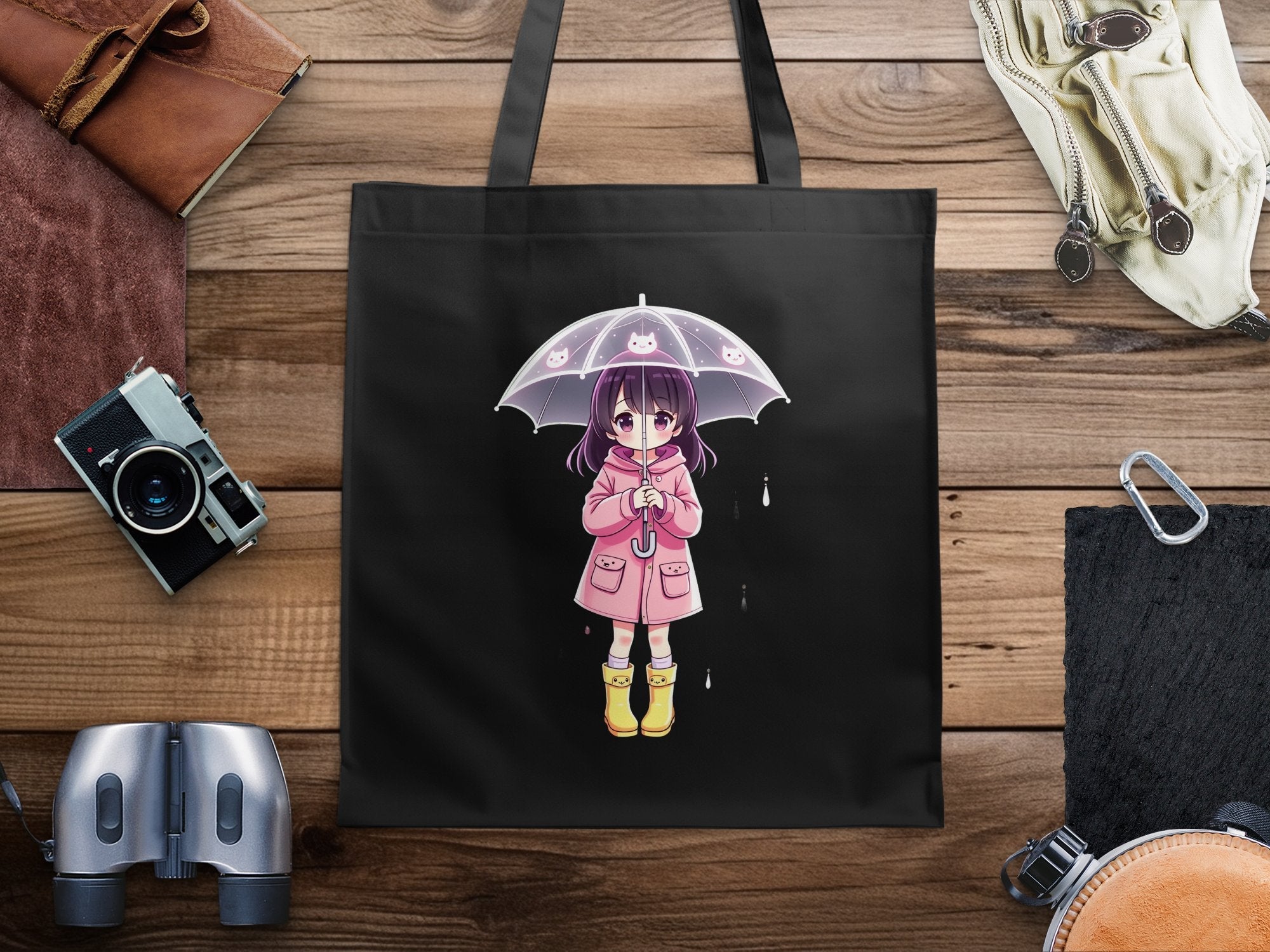 Cute Anime Girl with Umbrella Tote Bag, Kawaii Pink Coat Yellow Boots Anime Character Bag, Adorable Anime Accessories Gift - Craig Michael Design