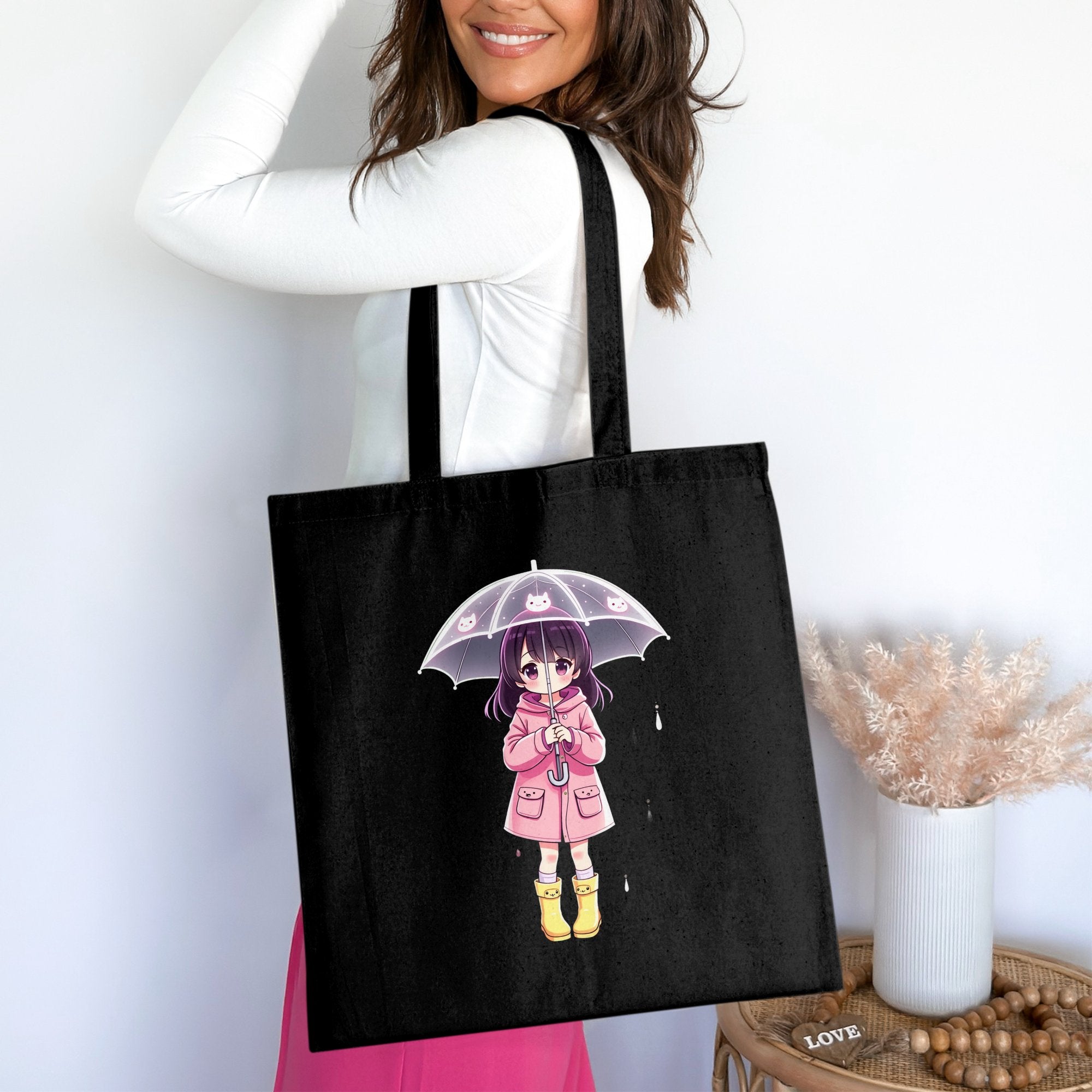 Cute Anime Girl with Umbrella Tote Bag, Kawaii Pink Coat Yellow Boots Anime Character Bag, Adorable Anime Accessories Gift - Craig Michael Design