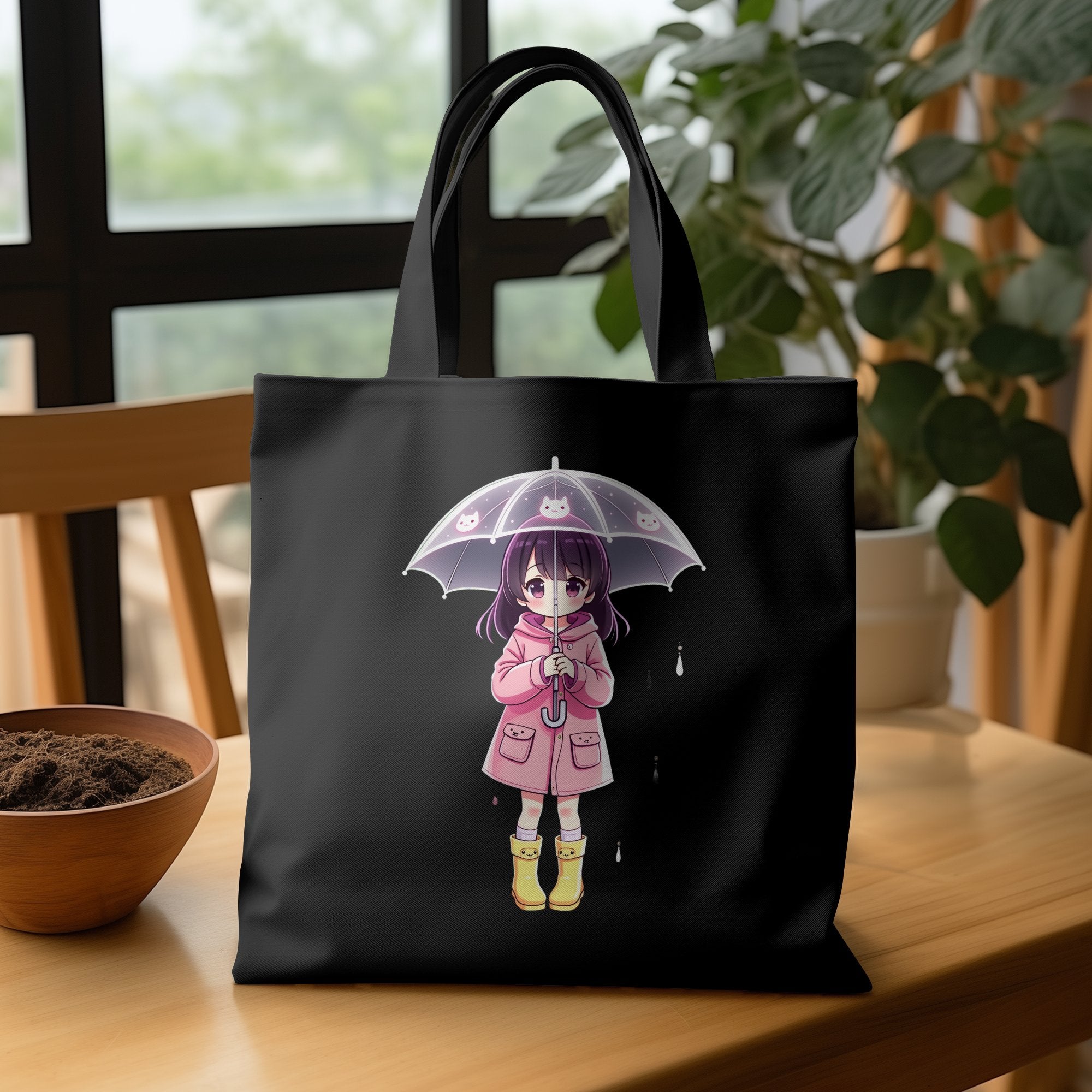 Cute Anime Girl with Umbrella Tote Bag, Kawaii Pink Coat Yellow Boots Anime Character Bag, Adorable Anime Accessories Gift - Craig Michael Design