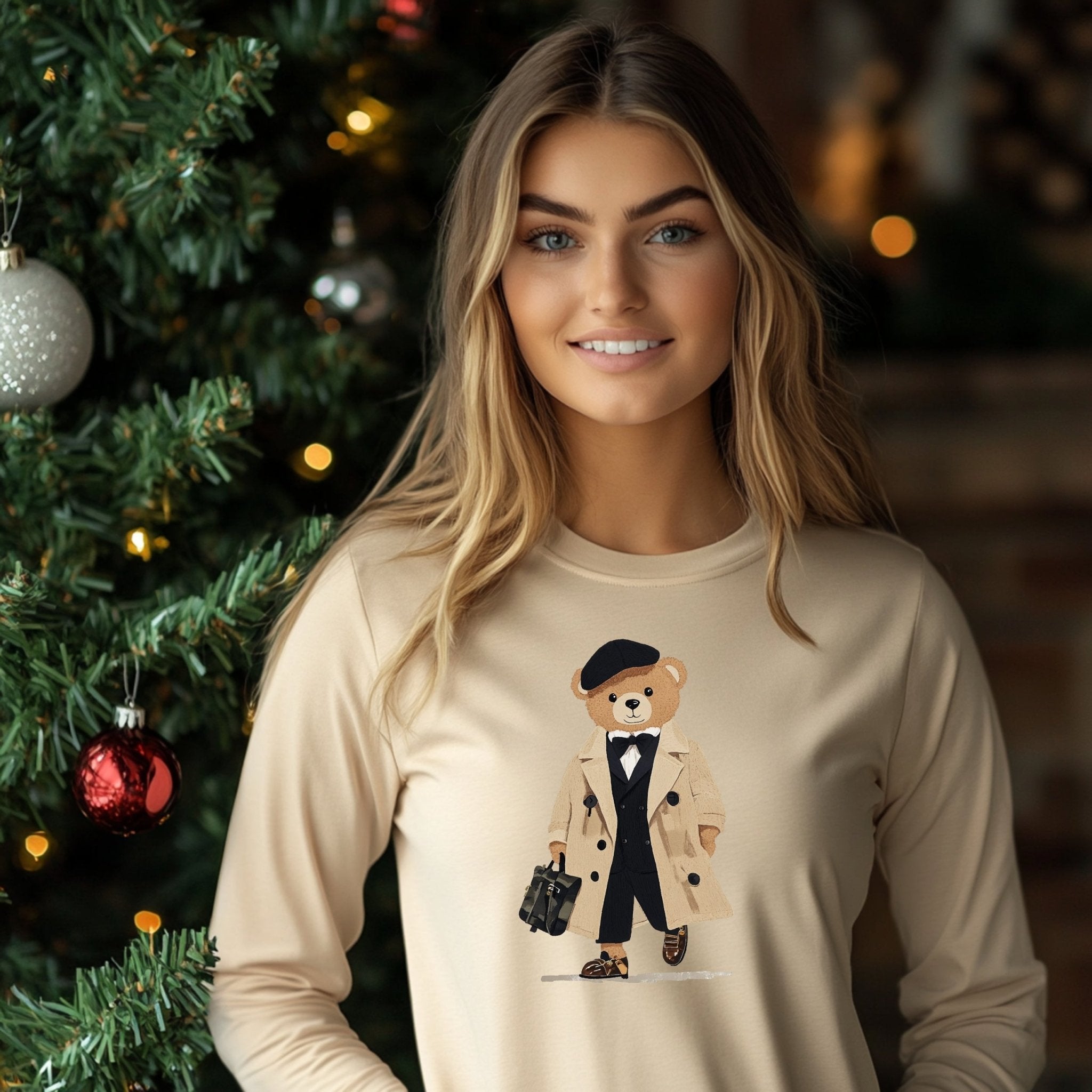 Cute Bear in Trench Coat Long Sleeve T-Shirt, Adorable Bear Illustration Shirt, Fashionable Bear Long Sleeve Tee, Cozy Cute T-Shirt - Craig Michael Design