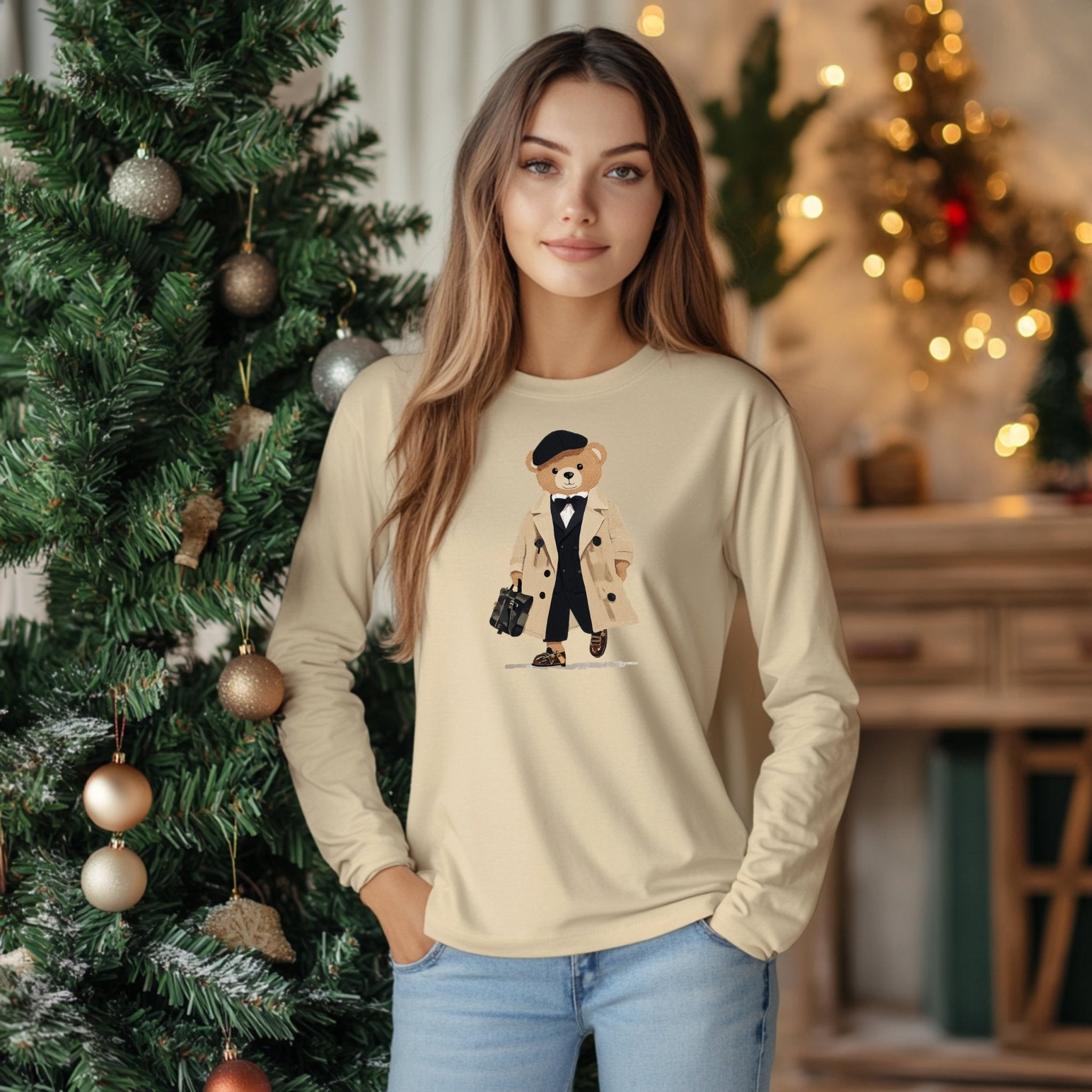 Cute Bear in Trench Coat Long Sleeve T-Shirt, Adorable Bear Illustration Shirt, Fashionable Bear Long Sleeve Tee, Cozy Cute T-Shirt - Craig Michael Design