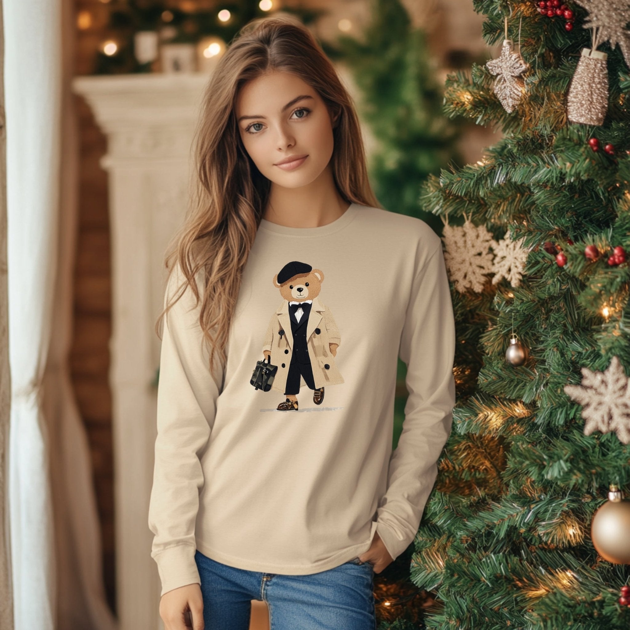 Cute Bear in Trench Coat Long Sleeve T-Shirt, Adorable Bear Illustration Shirt, Fashionable Bear Long Sleeve Tee, Cozy Cute T-Shirt - Craig Michael Design