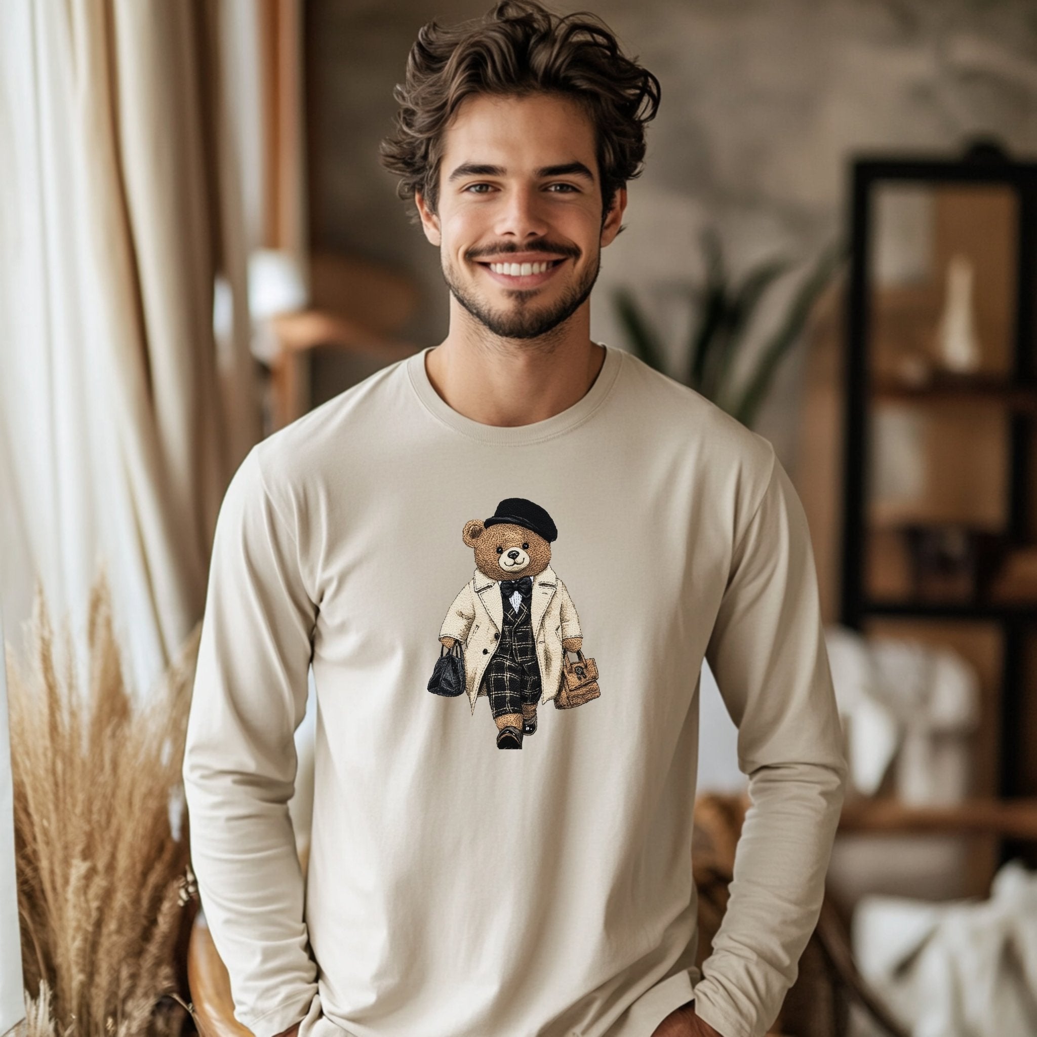 Cute Bear Long Sleeve T-Shirt, Stylish Bear Graphic Top, Trendy Bear Print Long Sleeve, Adorable Bear Fashion Tee - Craig Michael Design