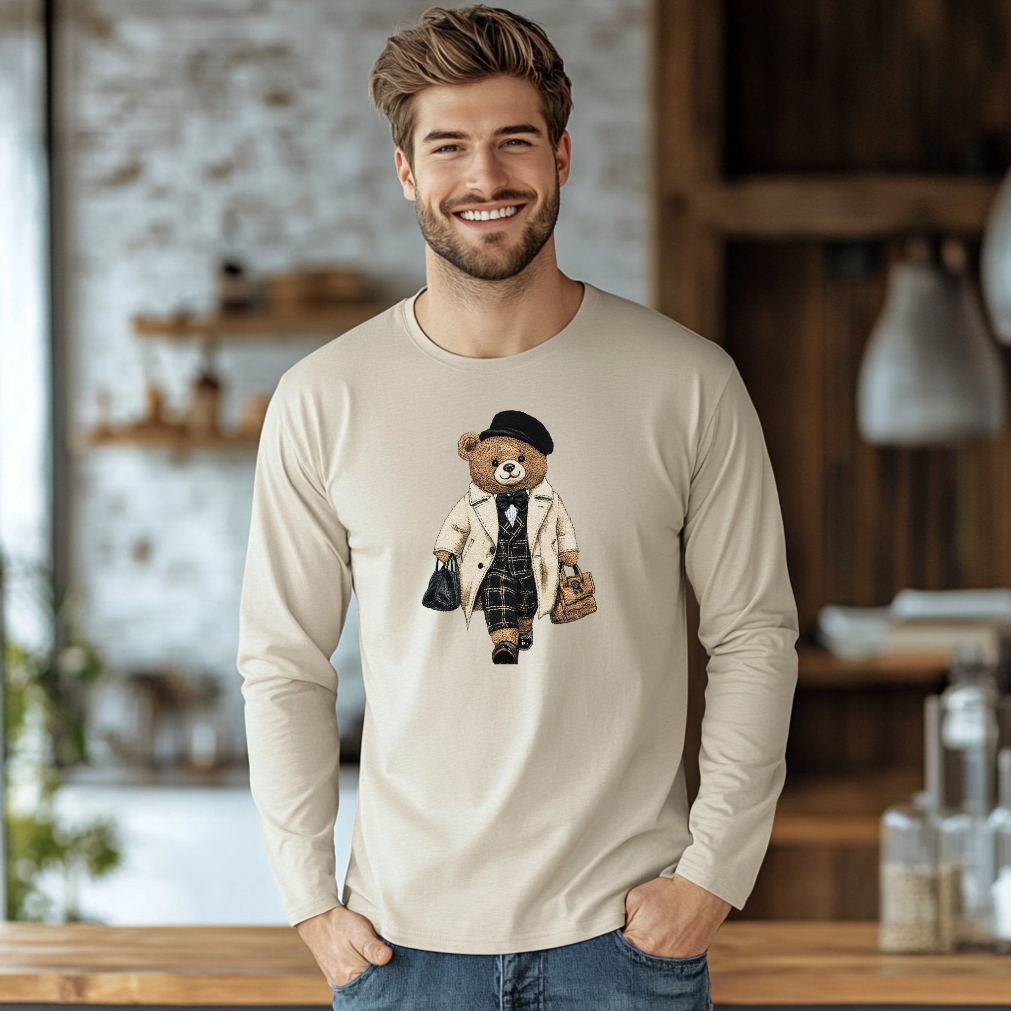 Cute Bear Long Sleeve T-Shirt, Stylish Bear Graphic Top, Trendy Bear Print Long Sleeve, Adorable Bear Fashion Tee - Craig Michael Design