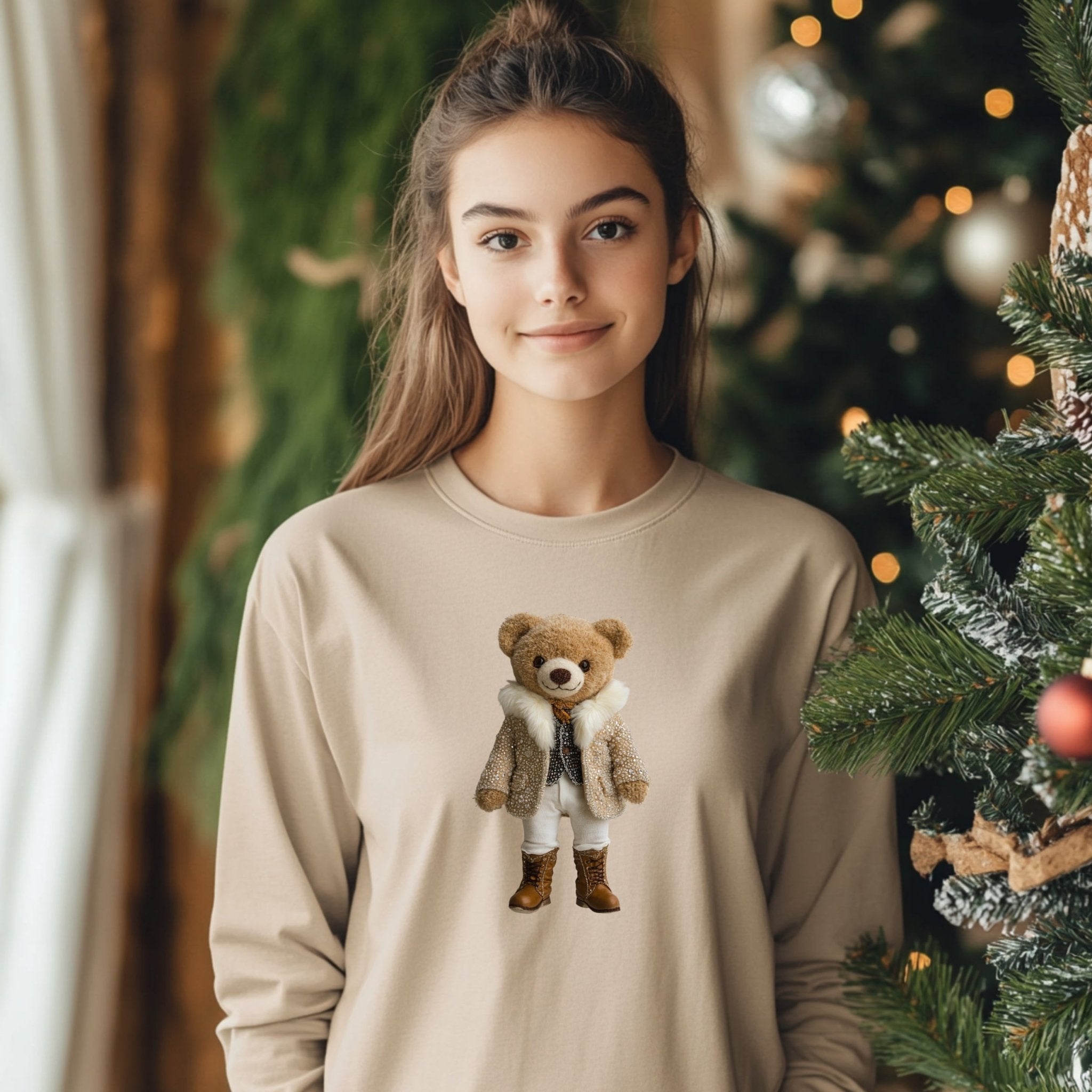 Cute Bear Printed Long Sleeve T-Shirt, Adorable Teddy Bear Design Shirt, Cozy Long Sleeve Top, Whimsical Animal Graphic Tee - Craig Michael Design