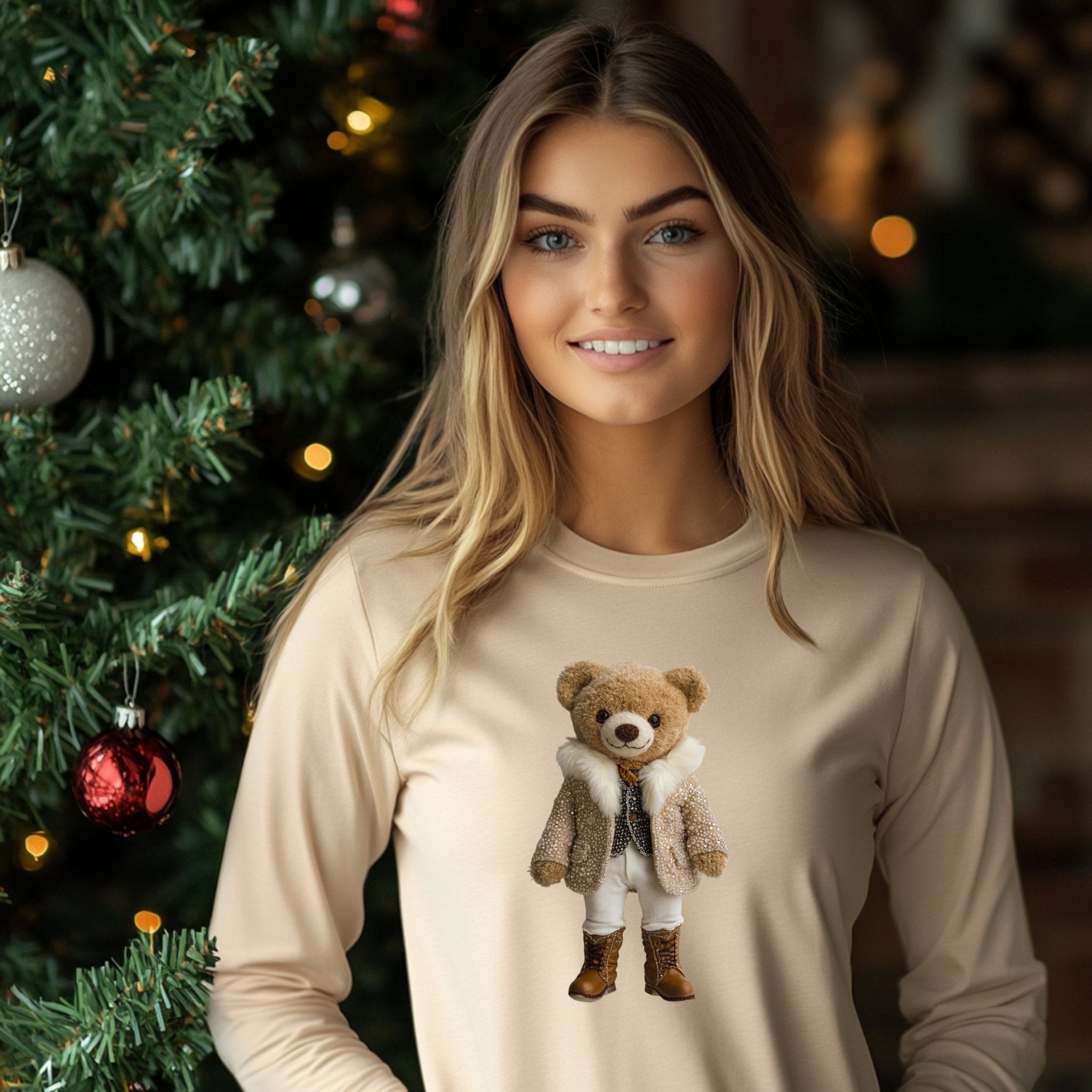 Cute Bear Printed Long Sleeve T-Shirt, Adorable Teddy Bear Design Shirt, Cozy Long Sleeve Top, Whimsical Animal Graphic Tee - Craig Michael Design