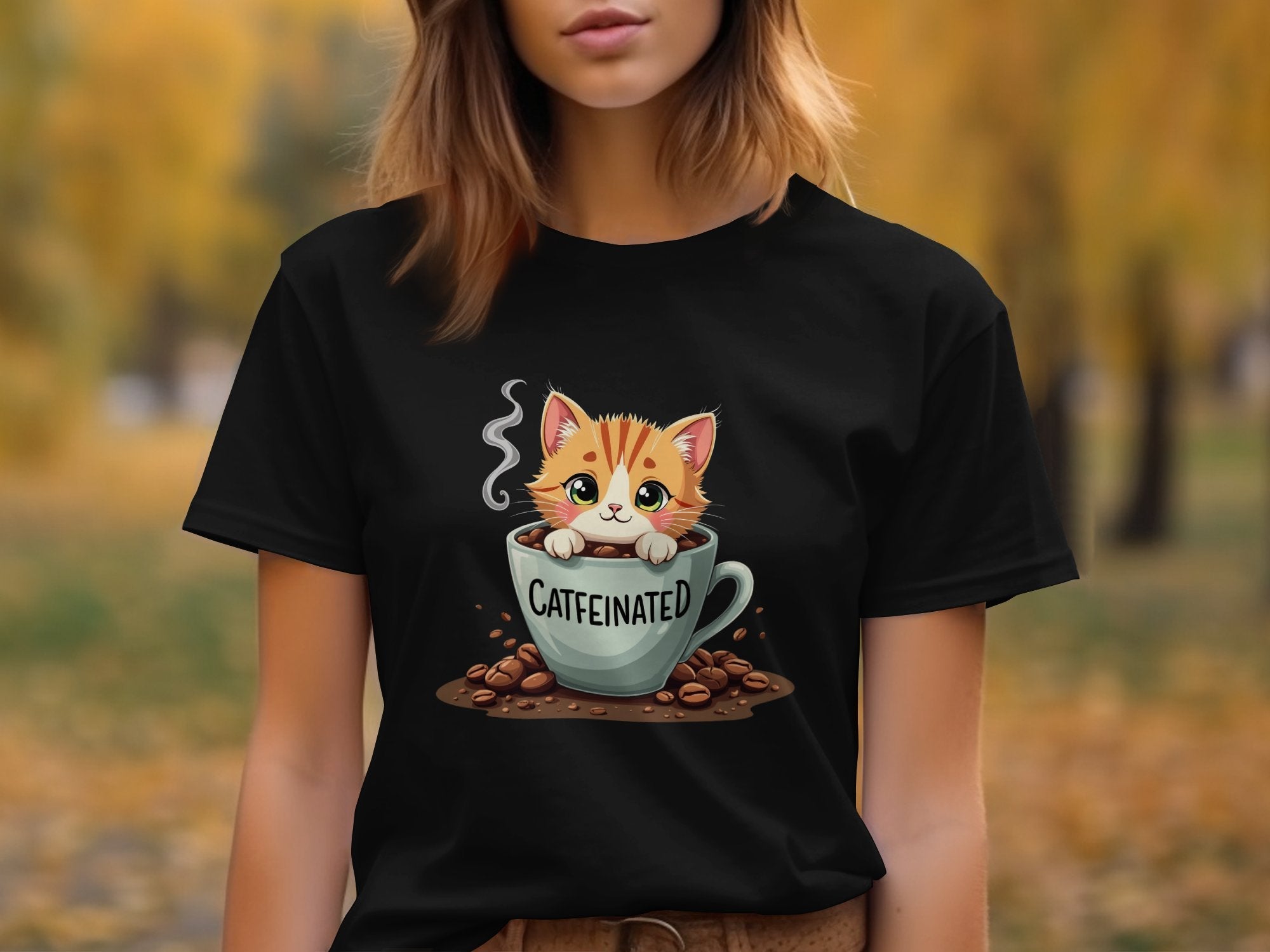 Cute Caffeinated Cat T-Shirt, Animal Lover Coffee Shirt, Fun Kitty Tee, Adorable Cat Mug Design, Unique Coffee Lover Gift - Craig Michael Design