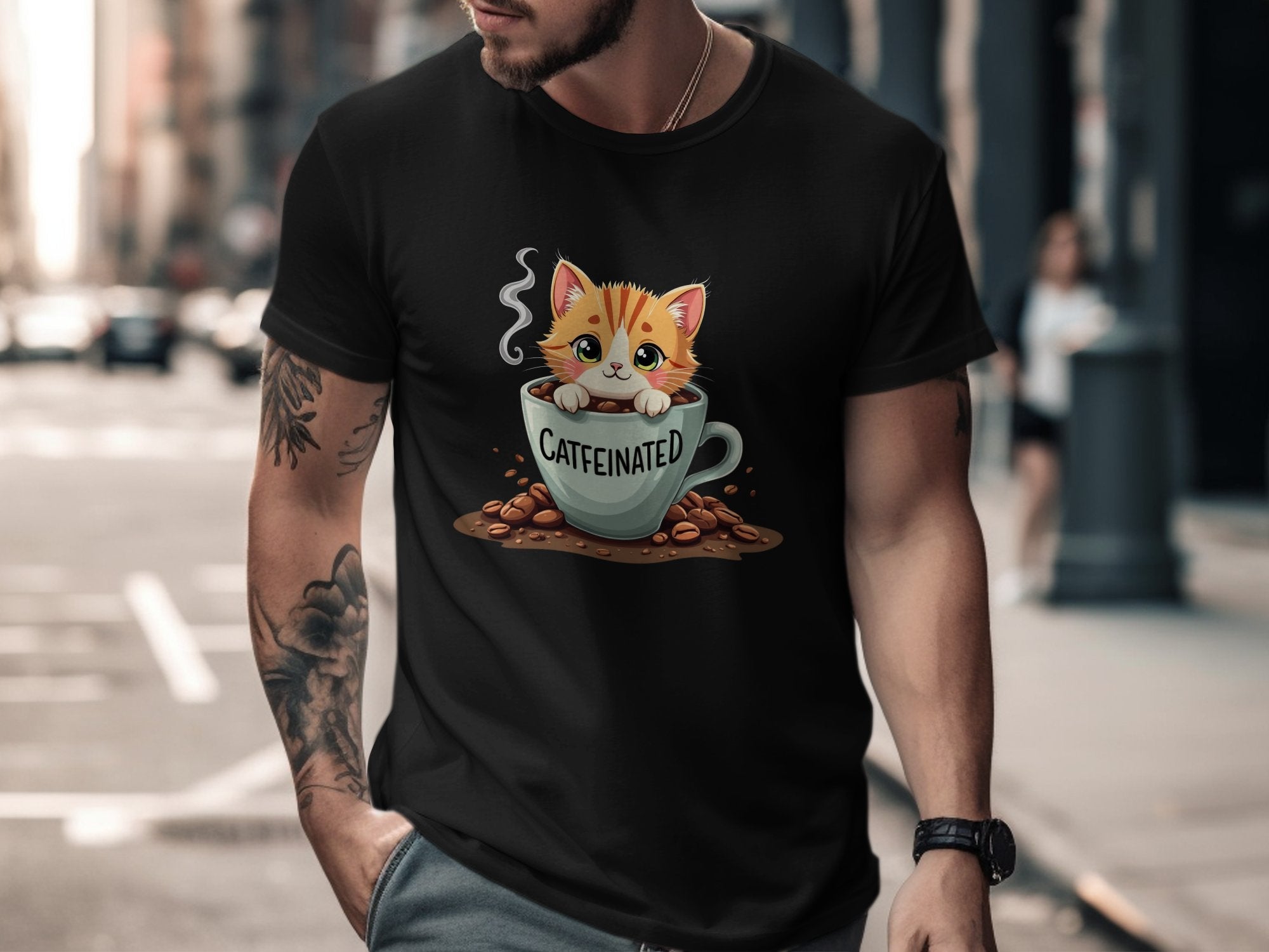 Cute Caffeinated Cat T-Shirt, Animal Lover Coffee Shirt, Fun Kitty Tee, Adorable Cat Mug Design, Unique Coffee Lover Gift - Craig Michael Design