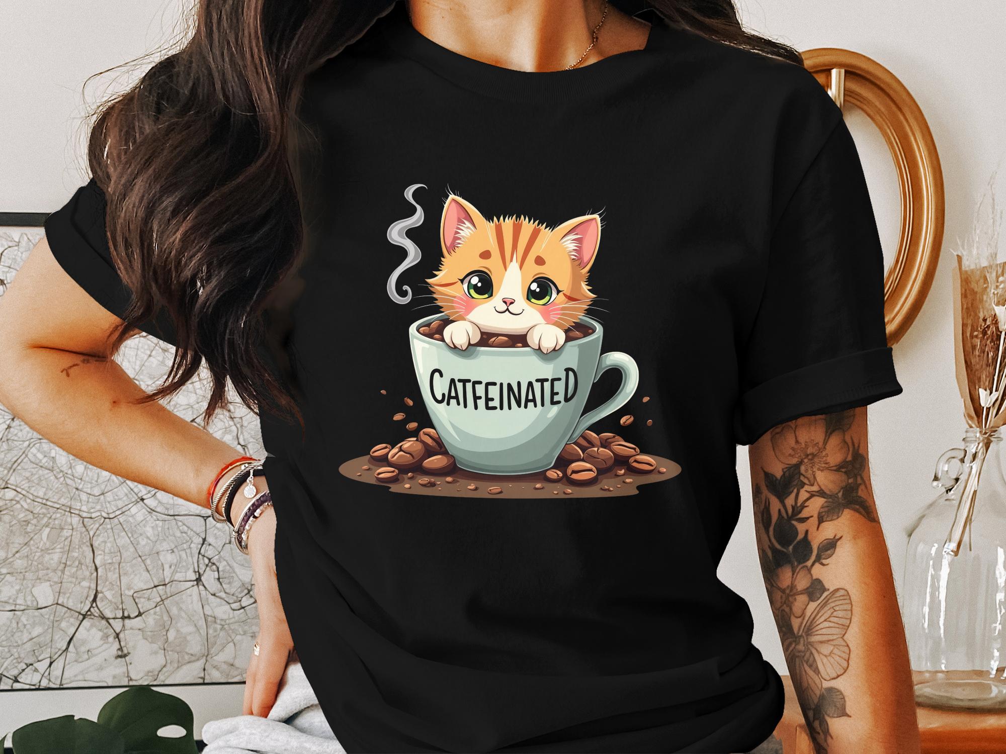 Cute Caffeinated Cat T-Shirt, Animal Lover Coffee Shirt, Fun Kitty Tee, Adorable Cat Mug Design, Unique Coffee Lover Gift - Craig Michael Design