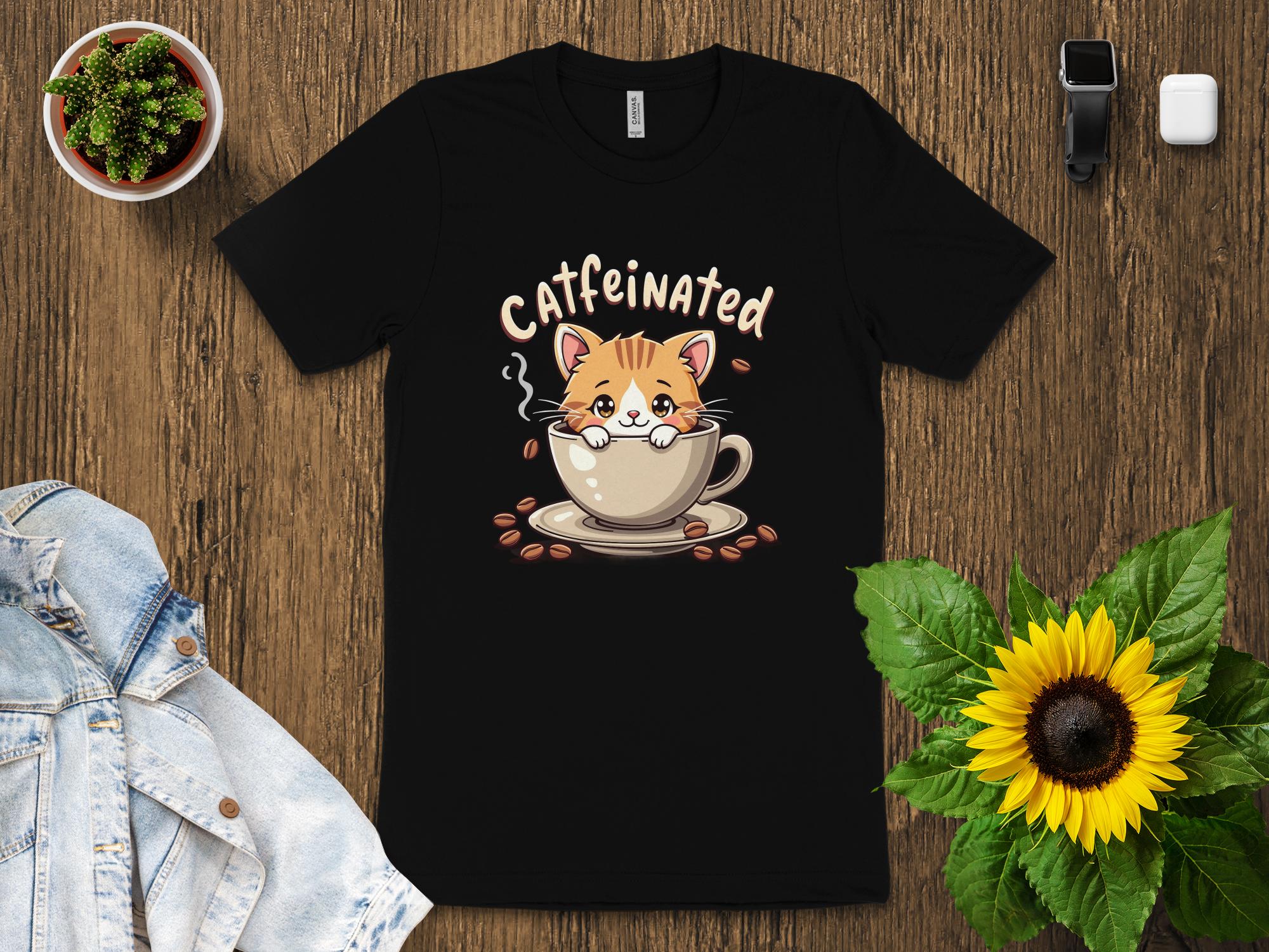 Cute Caffeinated Cat T-Shirt, Coffee Lover Gift Tee, Adorable Kitty in Coffee Mug Shirt, Funny Cat and Coffee Graphic Tee - Craig Michael Design