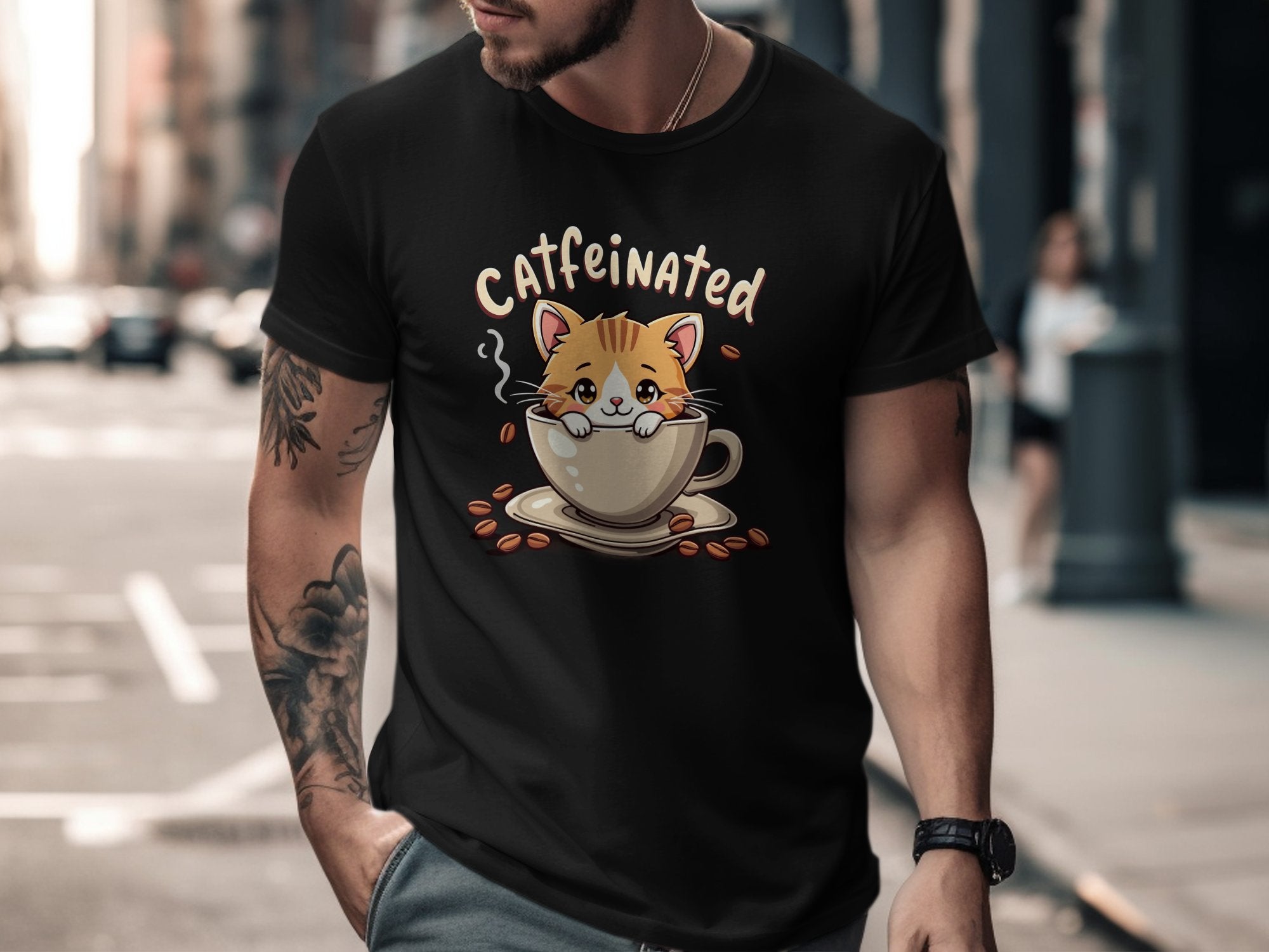 Cute Caffeinated Cat T-Shirt, Coffee Lover Gift Tee, Adorable Kitty in Coffee Mug Shirt, Funny Cat and Coffee Graphic Tee - Craig Michael Design