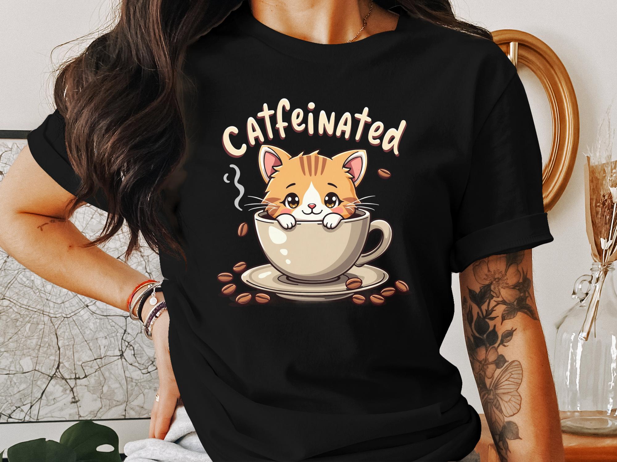 Cute Caffeinated Cat T-Shirt, Coffee Lover Gift Tee, Adorable Kitty in Coffee Mug Shirt, Funny Cat and Coffee Graphic Tee - Craig Michael Design