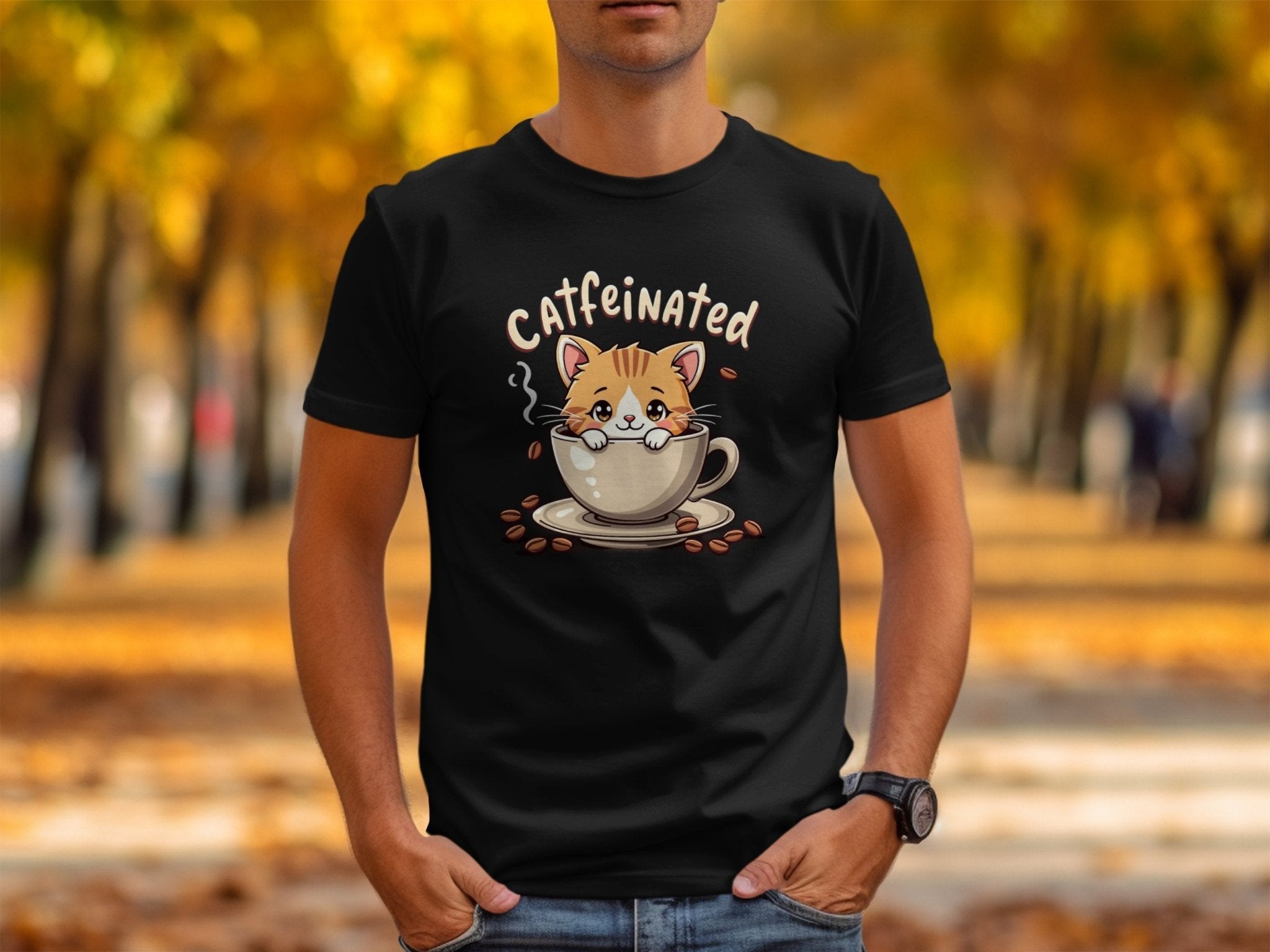 Cute Caffeinated Cat T-Shirt, Coffee Lover Gift Tee, Adorable Kitty in Coffee Mug Shirt, Funny Cat and Coffee Graphic Tee - Craig Michael Design