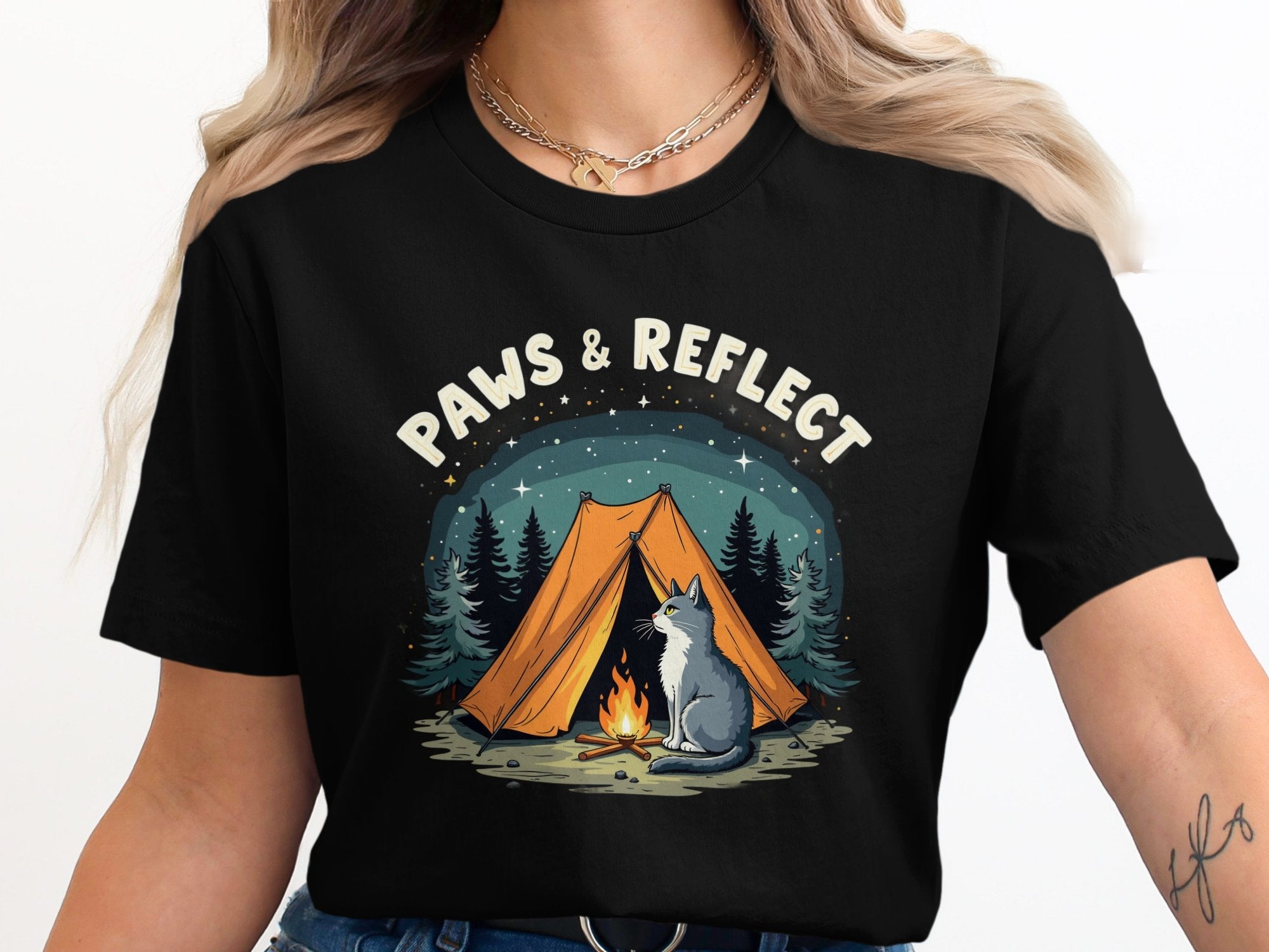 Cute Cat Camping T-Shirt, Paws and Reflect T-Shirt, Cat Graphic Tee, Funny Cat Outdoors Shirt, Cat Lover Gift, Nature Inspired Tee - Craig Michael Design