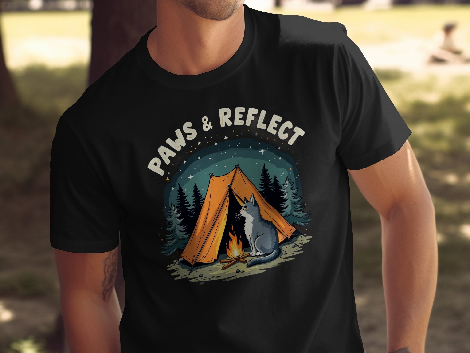 Cute Cat Camping T-Shirt, Paws and Reflect T-Shirt, Cat Graphic Tee, Funny Cat Outdoors Shirt, Cat Lover Gift, Nature Inspired Tee - Craig Michael Design