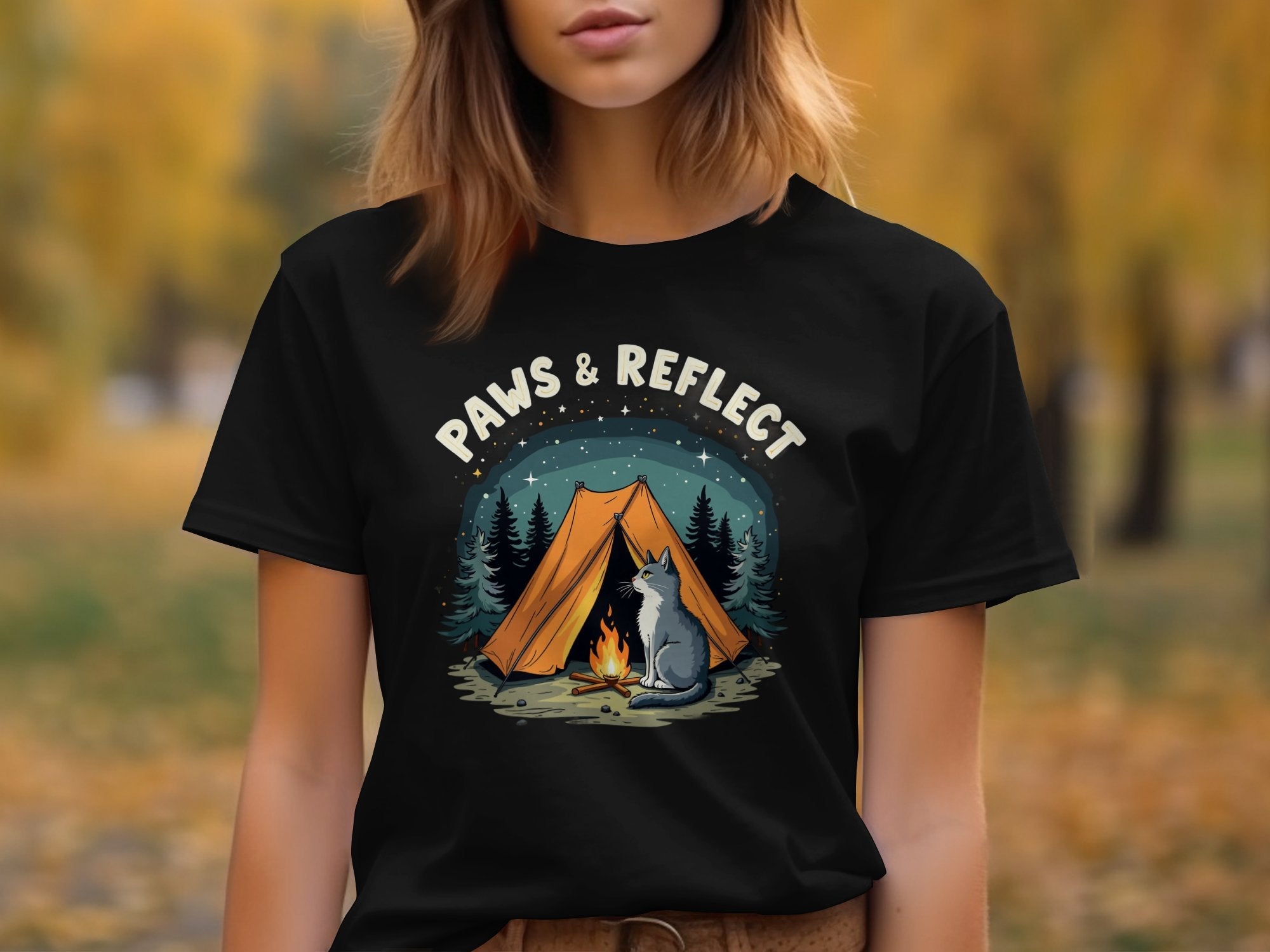 Cute Cat Camping T-Shirt, Paws and Reflect T-Shirt, Cat Graphic Tee, Funny Cat Outdoors Shirt, Cat Lover Gift, Nature Inspired Tee - Craig Michael Design