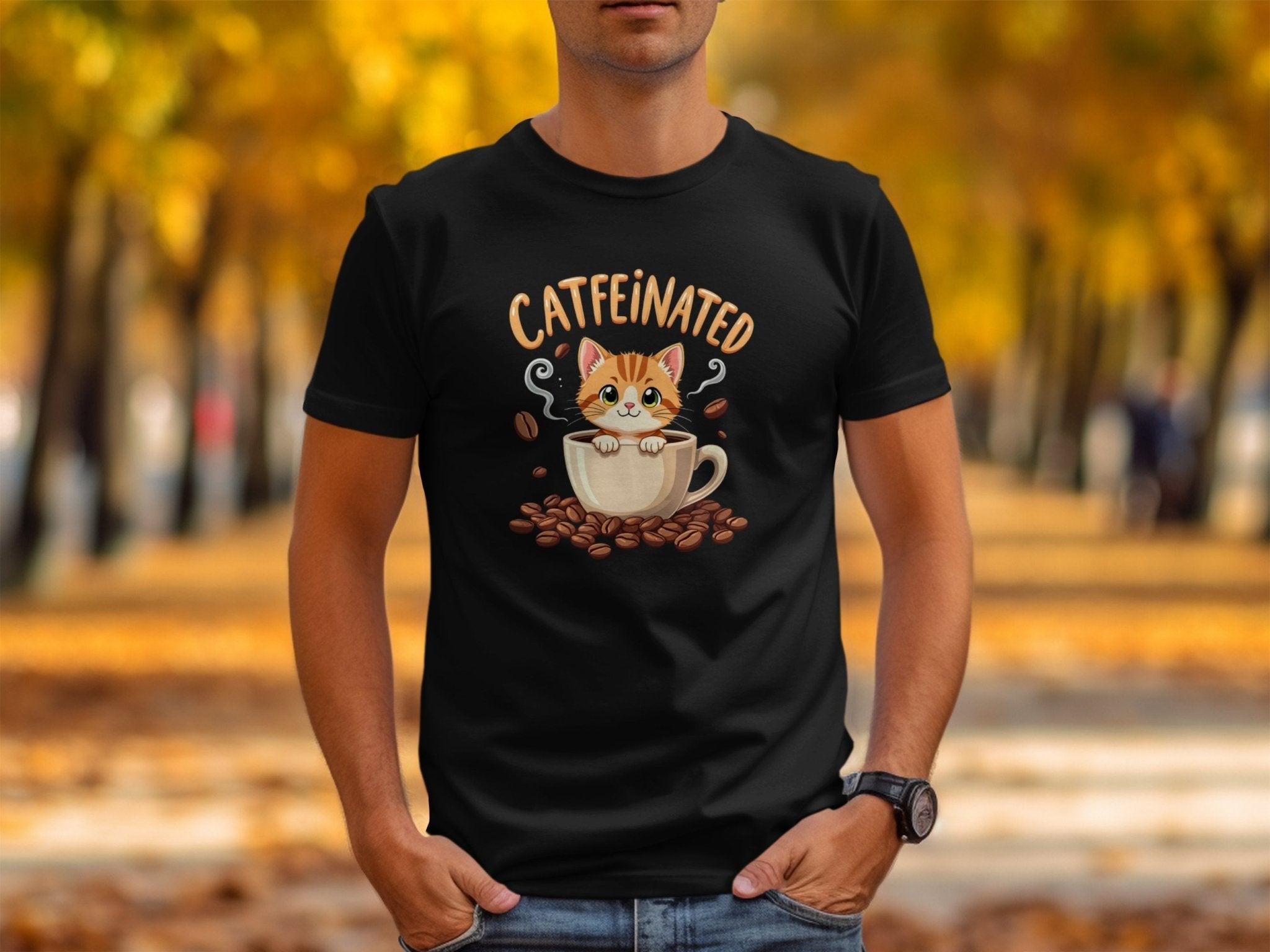 Cute Cat Coffee Lover T-Shirt, Catfeinated Coffee Cup Cat Tee, Kitty and Coffee Beans Graphic Shirt, Funny Cat Tee Gift - Craig Michael Design