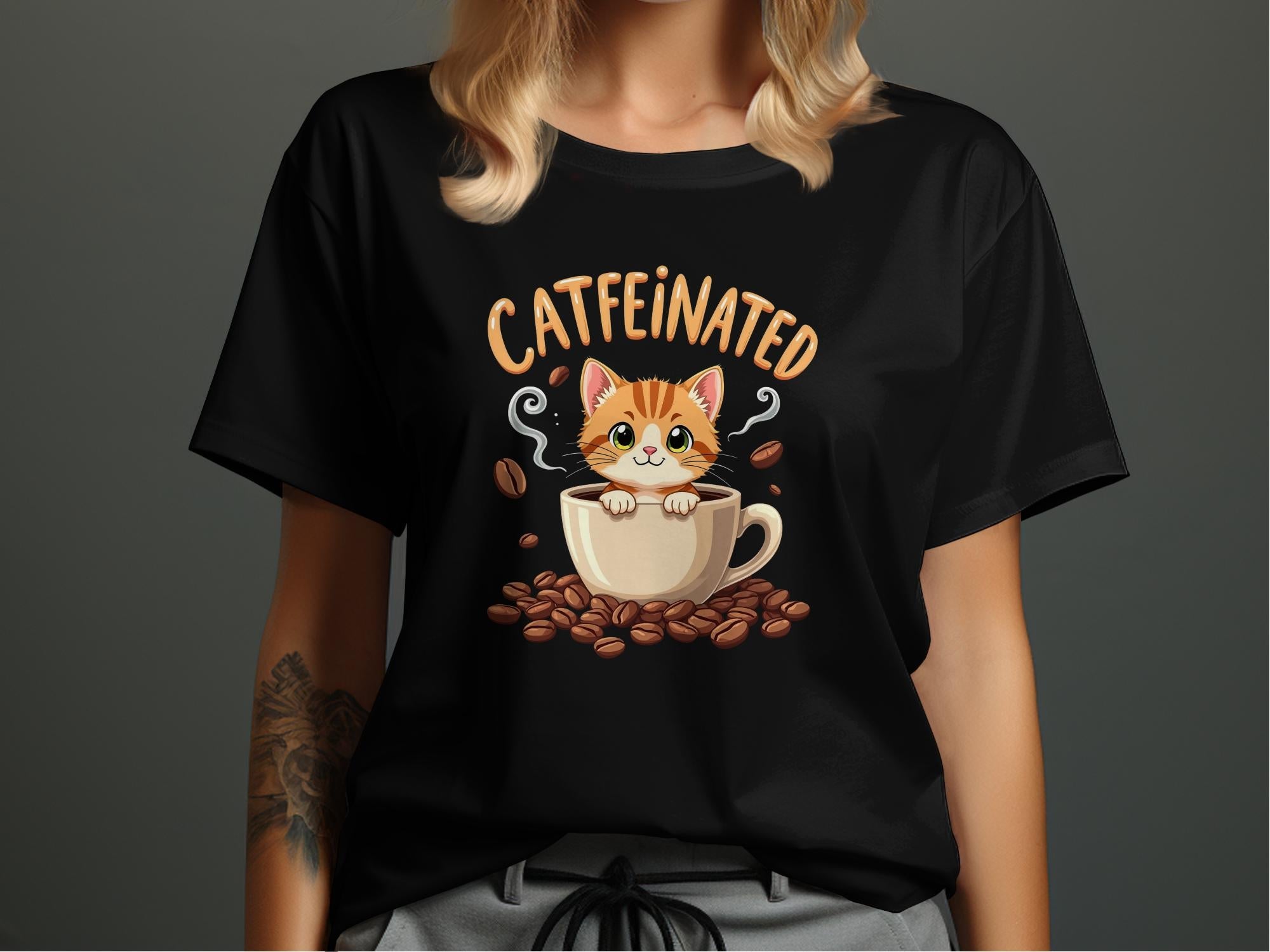 Cute Cat Coffee Lover T-Shirt, Catfeinated Coffee Cup Cat Tee, Kitty and Coffee Beans Graphic Shirt, Funny Cat Tee Gift - Craig Michael Design