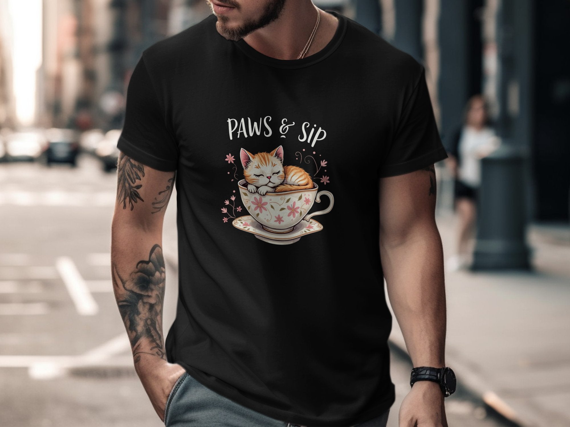 Cute Cat in Teacup Graphic T-Shirt, Paws and Sip Cat Lover Shirt, Adorable Kitten Coffee Tee, Cute Animal Tee for Women Men - Craig Michael Design