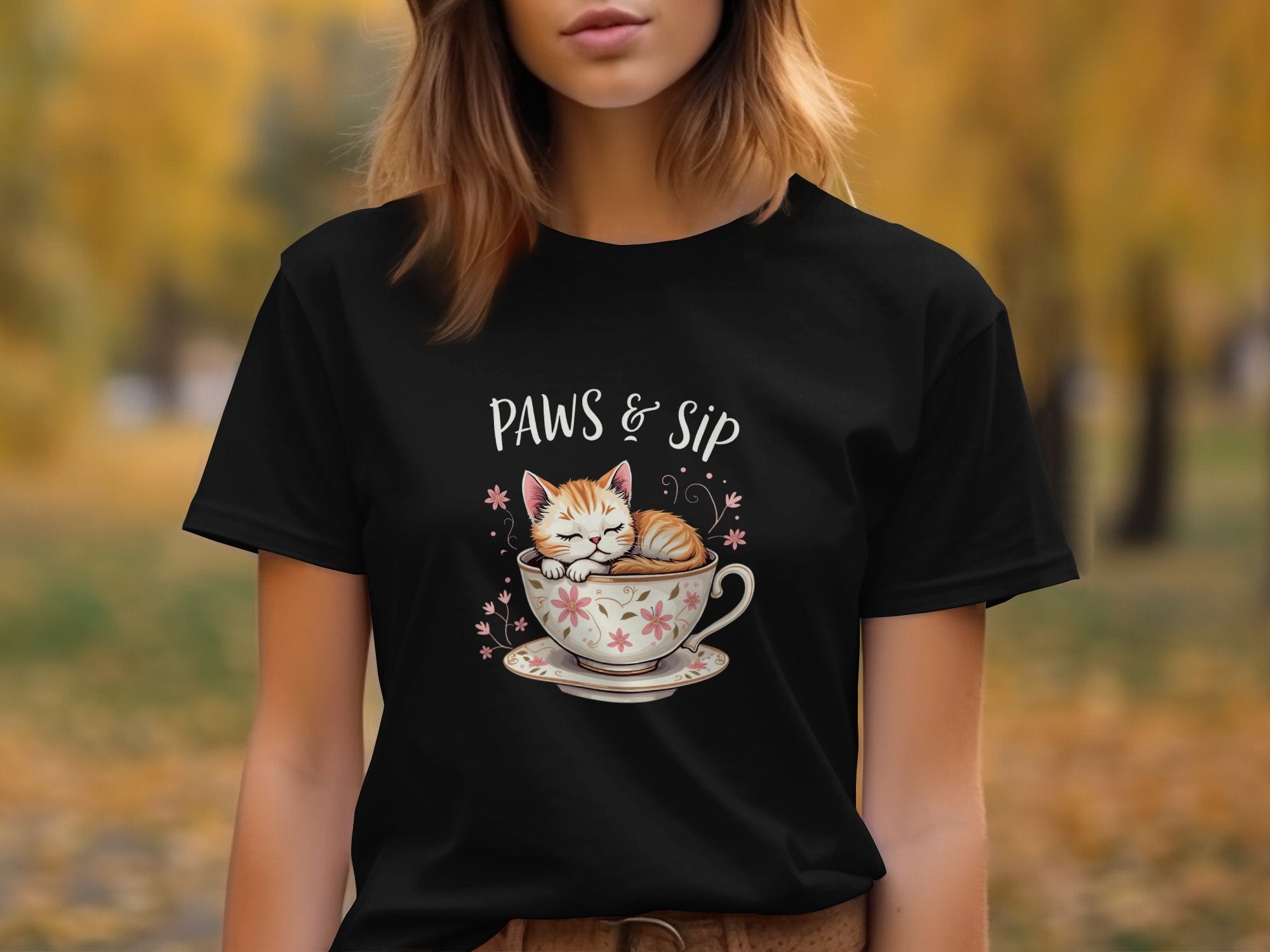 Cute Cat in Teacup Graphic T-Shirt, Paws and Sip Cat Lover Shirt, Adorable Kitten Coffee Tee, Cute Animal Tee for Women Men - Craig Michael Design