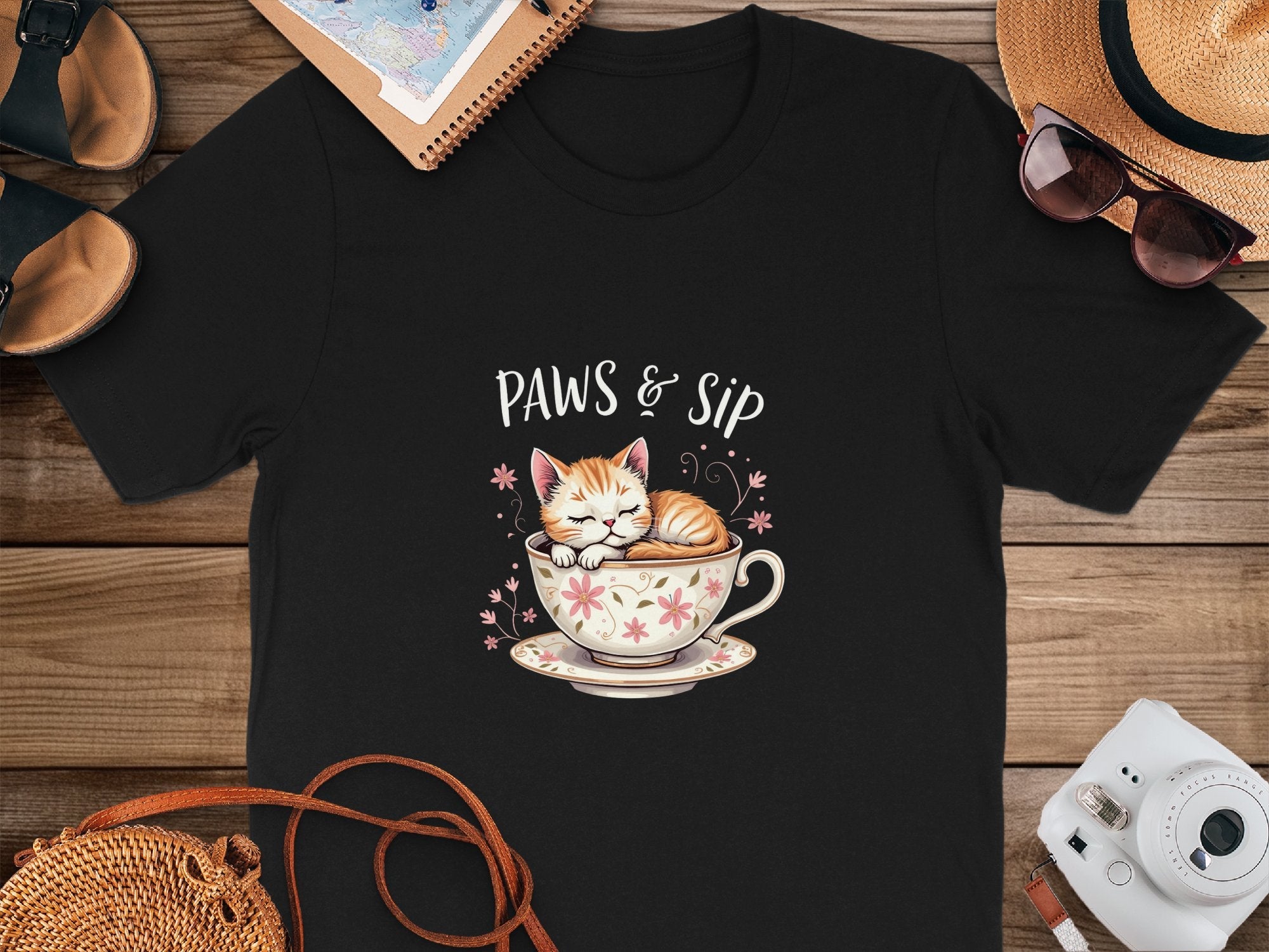 Cute Cat in Teacup Graphic T-Shirt, Paws and Sip Cat Lover Shirt, Adorable Kitten Coffee Tee, Cute Animal Tee for Women Men - Craig Michael Design