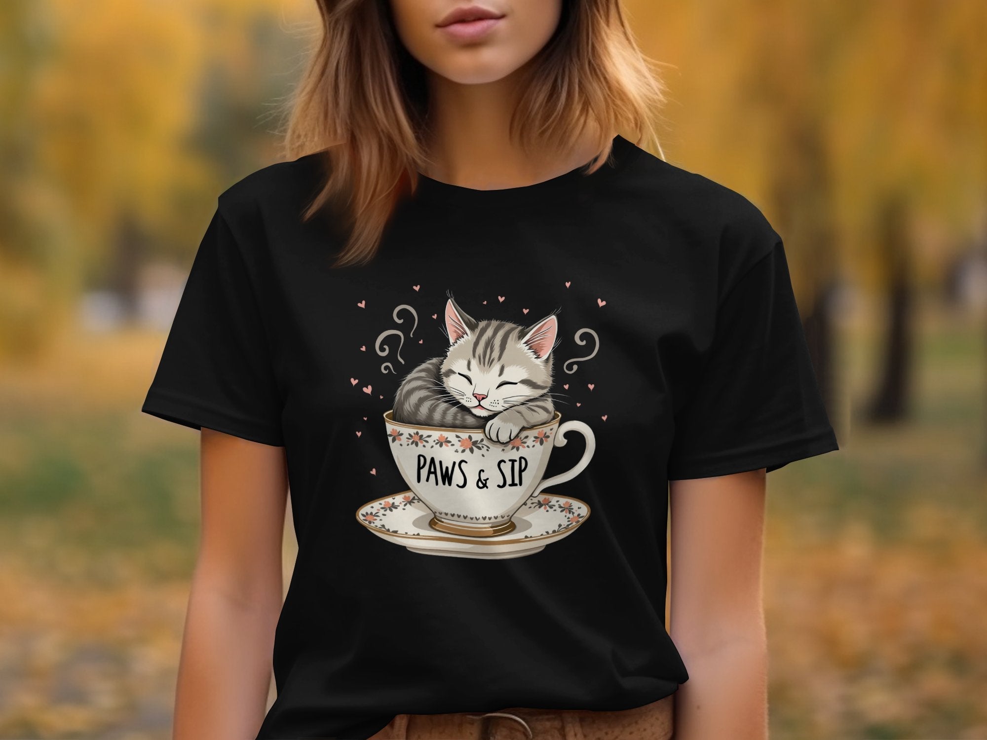 Cute Cat in Teacup T-Shirt, Paws And Sip Graphic Tee, Adorable Kitty Coffee Lovers Shirt, Fun Feline Lovers Gift Top - Craig Michael Design