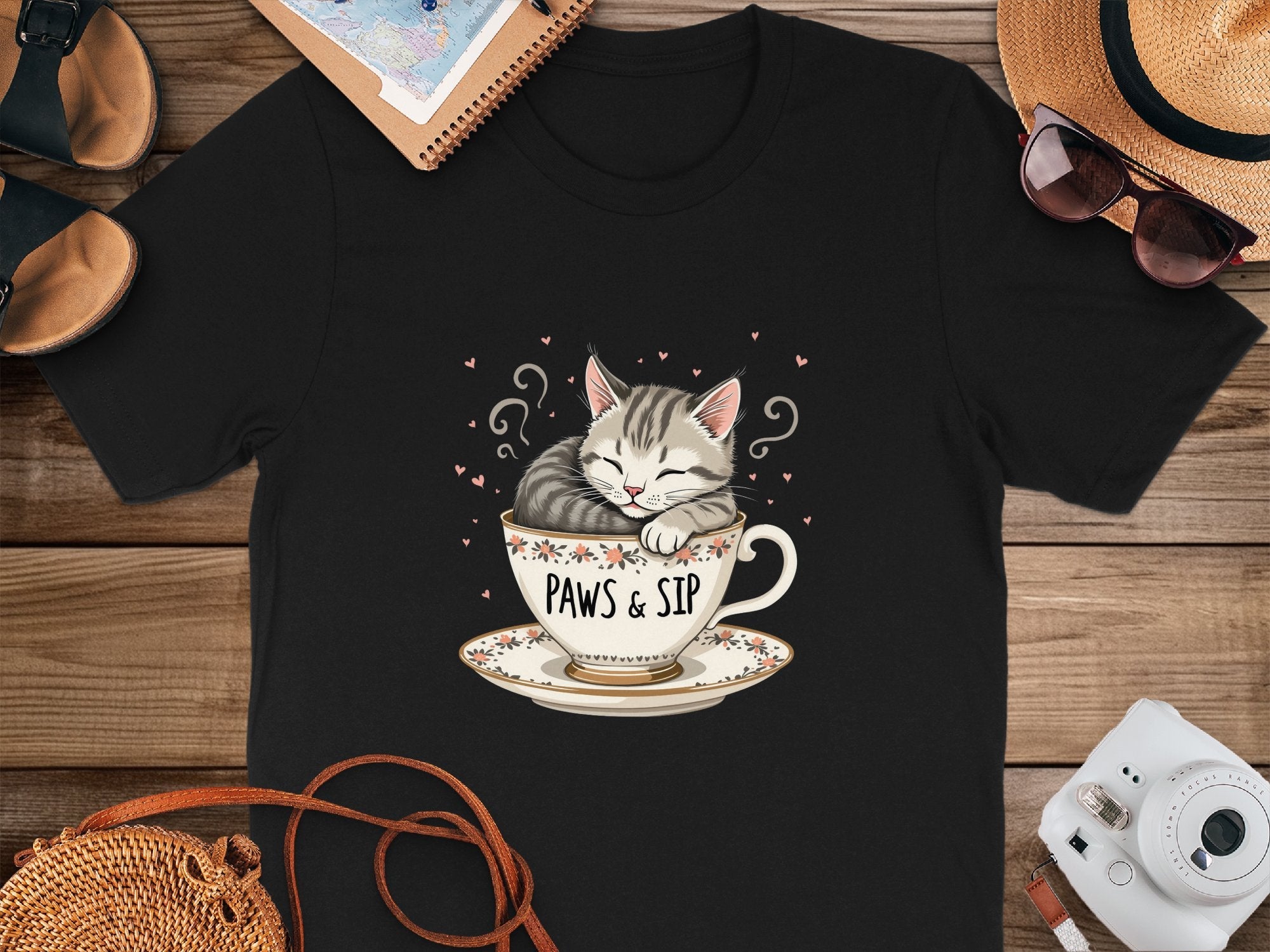 Cute Cat in Teacup T-Shirt, Paws And Sip Graphic Tee, Adorable Kitty Coffee Lovers Shirt, Fun Feline Lovers Gift Top - Craig Michael Design