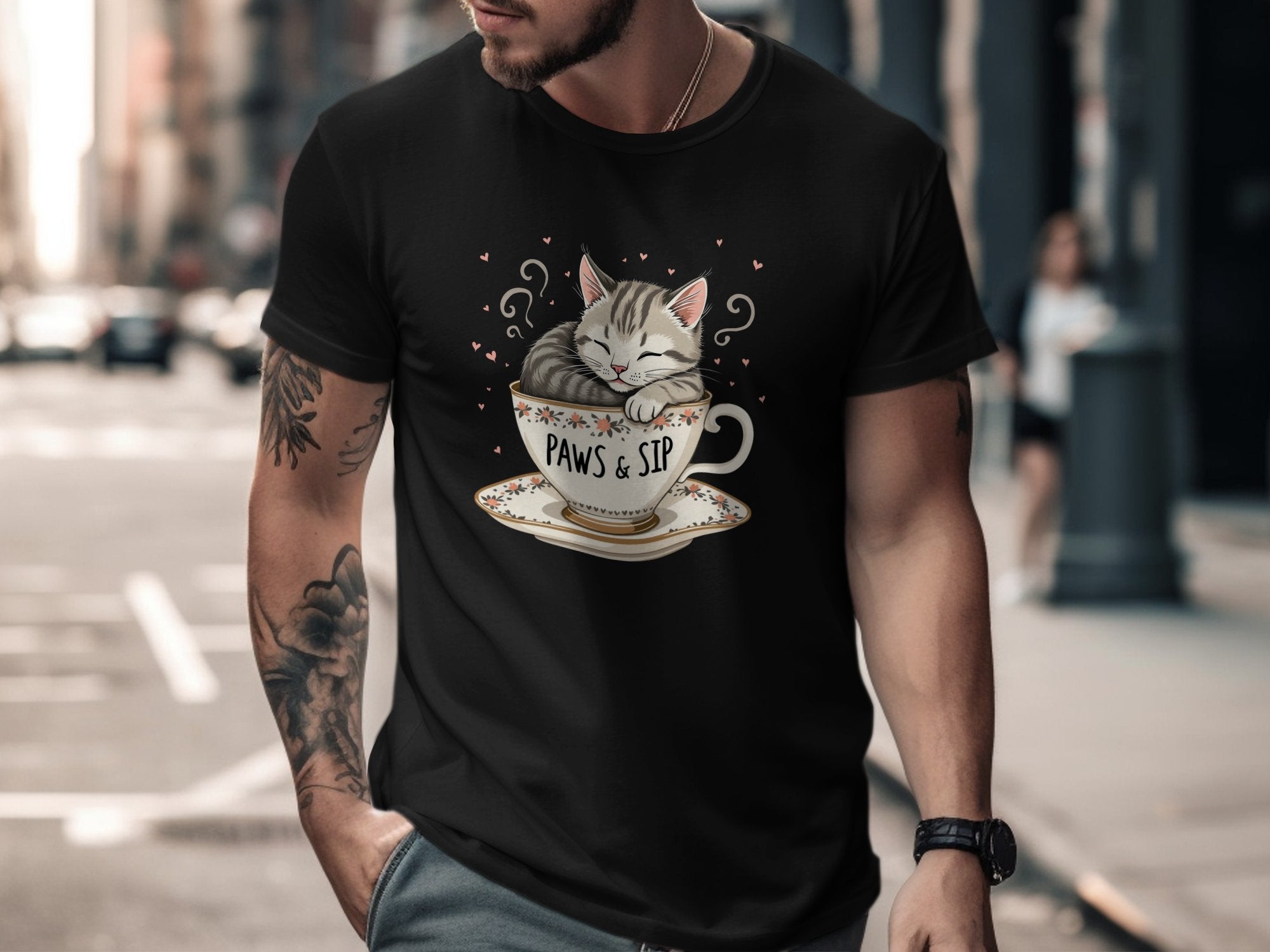 Cute Cat in Teacup T-Shirt, Paws And Sip Graphic Tee, Adorable Kitty Coffee Lovers Shirt, Fun Feline Lovers Gift Top - Craig Michael Design