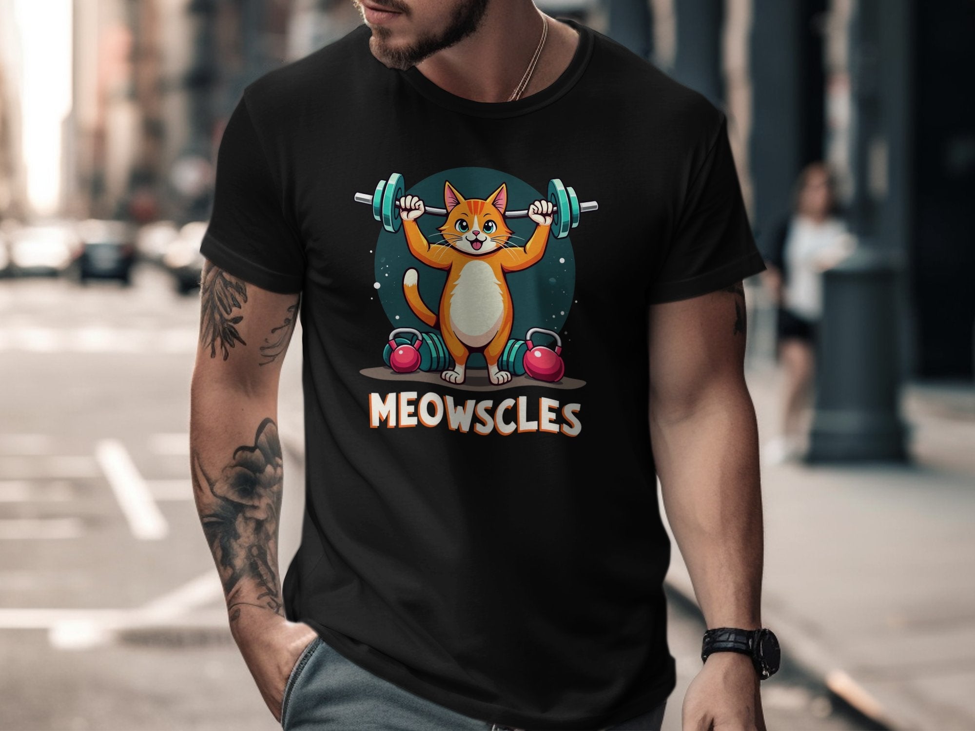 Cute Cat Lifting Weights T-Shirt, Funny Meowscles Gym Tee, Adorable Cat Workout Shirt, Fitness Motivated Cat Lover Gift - Craig Michael Design