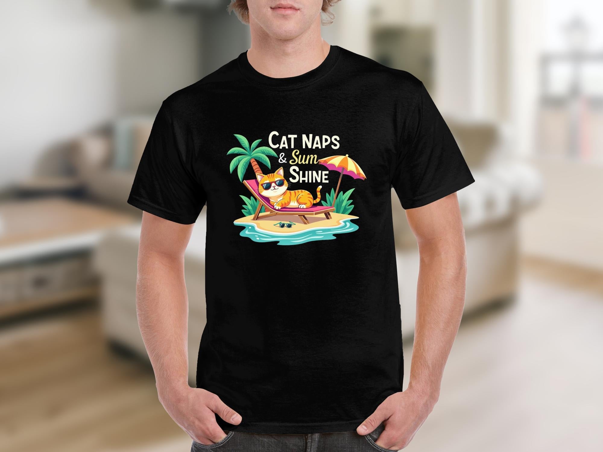 Cute Cat Naps and Sunshine Graphic Tee, Relaxing Cat on Beach T-Shirt, Funny Summer Cat Shirt, Cool Cat Sunglasses Tee - Craig Michael Design