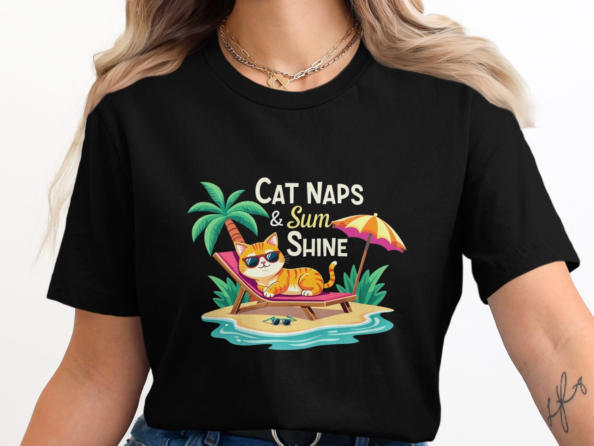 Cute Cat Naps and Sunshine Graphic Tee, Relaxing Cat on Beach T-Shirt, Funny Summer Cat Shirt, Cool Cat Sunglasses Tee - Craig Michael Design