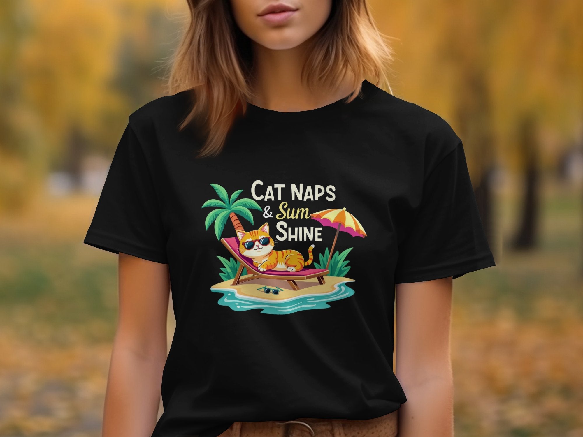 Cute Cat Naps and Sunshine Graphic Tee, Relaxing Cat on Beach T-Shirt, Funny Summer Cat Shirt, Cool Cat Sunglasses Tee - Craig Michael Design