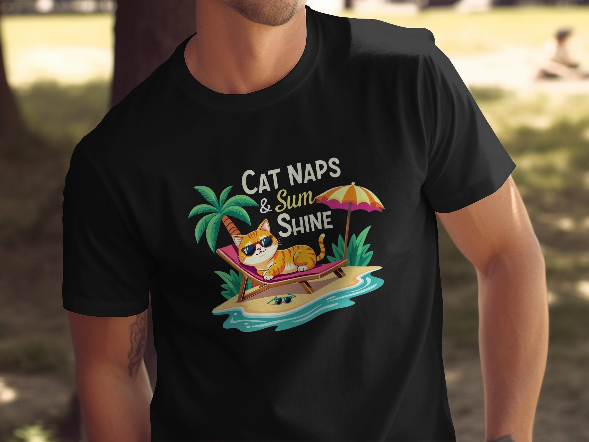 Cute Cat Naps and Sunshine Graphic Tee, Relaxing Cat on Beach T-Shirt, Funny Summer Cat Shirt, Cool Cat Sunglasses Tee - Craig Michael Design