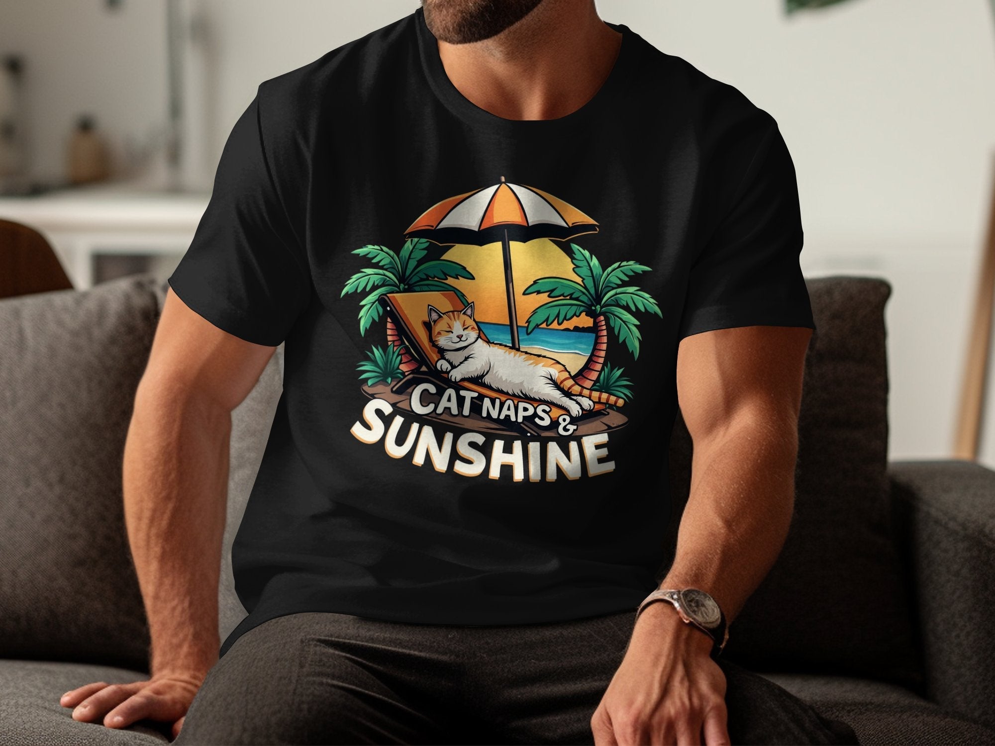 Cute Cat Naps and Sunshine TShirt Relaxing Cat Under Umbrella Beach Theme Graphic Tee Fun Summer Casual Top Gift Idea - Craig Michael Design