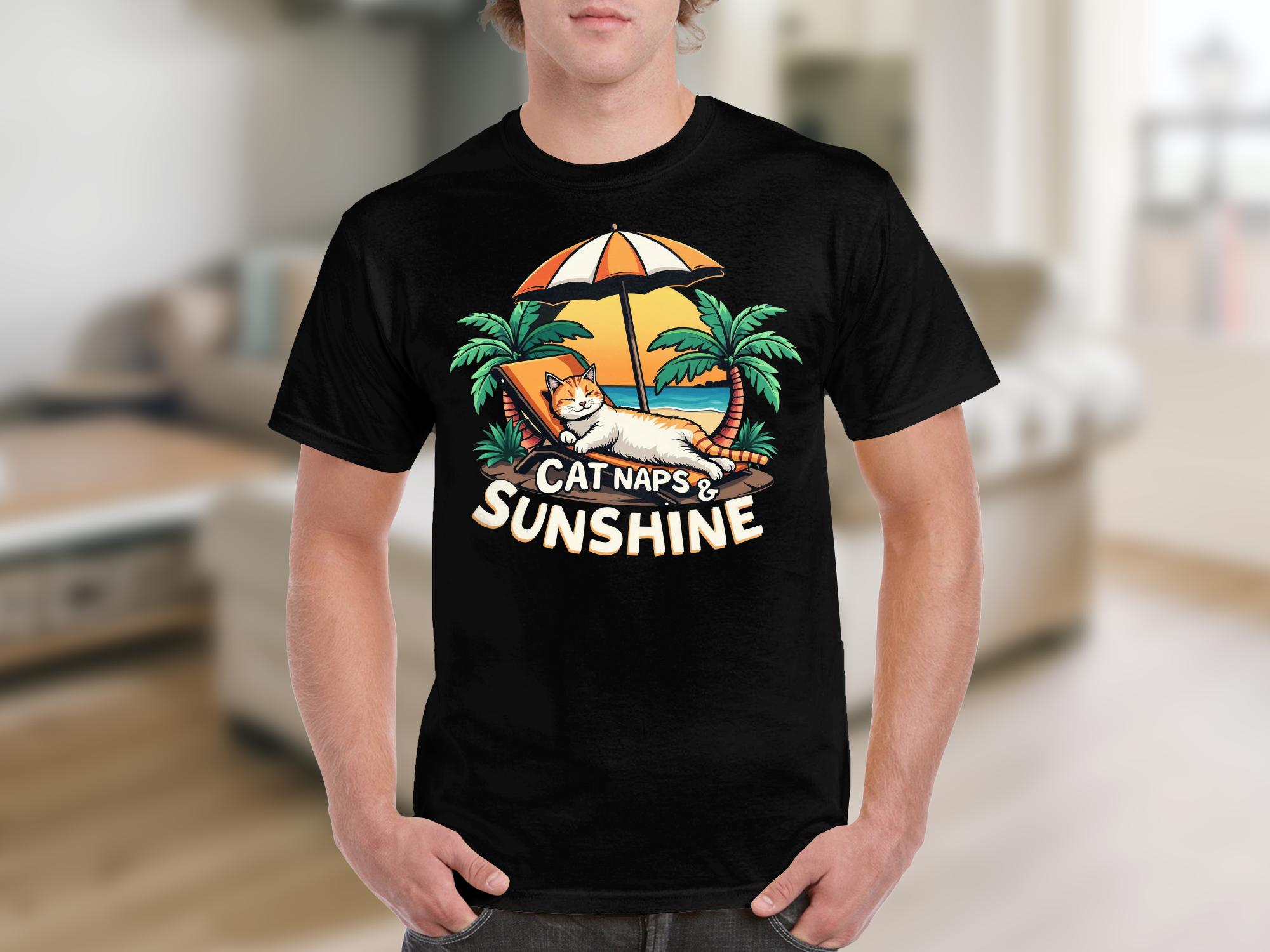 Cute Cat Naps and Sunshine TShirt Relaxing Cat Under Umbrella Beach Theme Graphic Tee Fun Summer Casual Top Gift Idea - Craig Michael Design