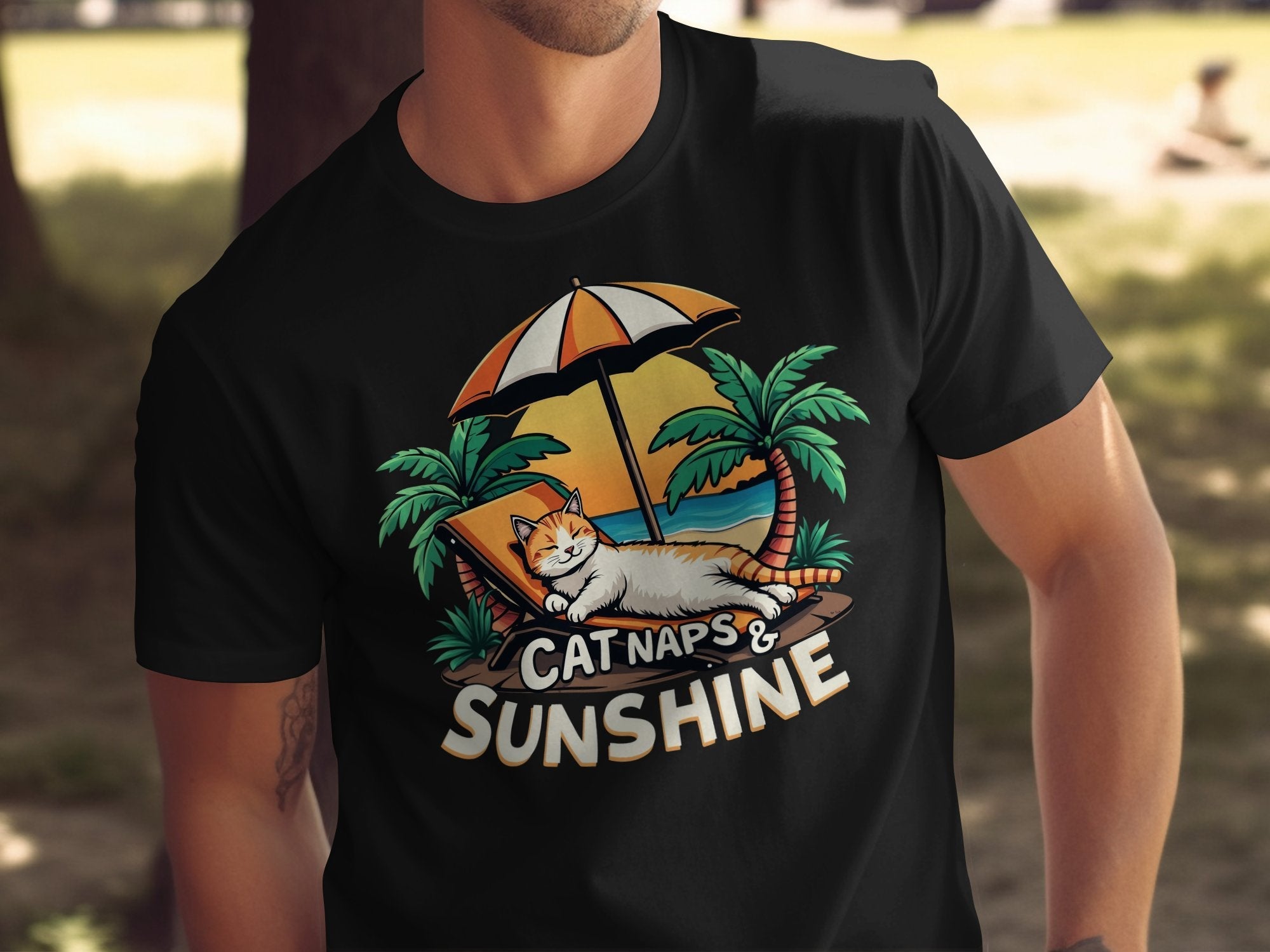 Cute Cat Naps and Sunshine TShirt Relaxing Cat Under Umbrella Beach Theme Graphic Tee Fun Summer Casual Top Gift Idea - Craig Michael Design