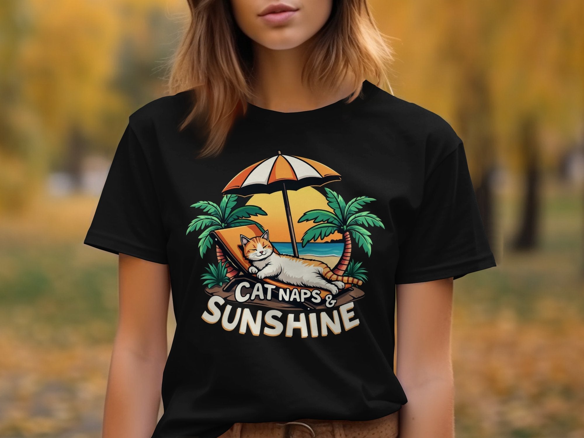 Cute Cat Naps and Sunshine TShirt Relaxing Cat Under Umbrella Beach Theme Graphic Tee Fun Summer Casual Top Gift Idea - Craig Michael Design