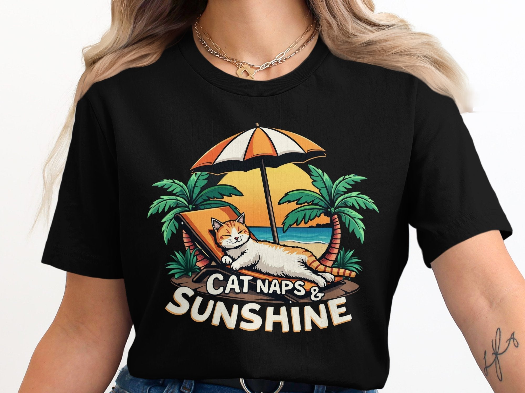 Cute Cat Naps and Sunshine TShirt Relaxing Cat Under Umbrella Beach Theme Graphic Tee Fun Summer Casual Top Gift Idea - Craig Michael Design