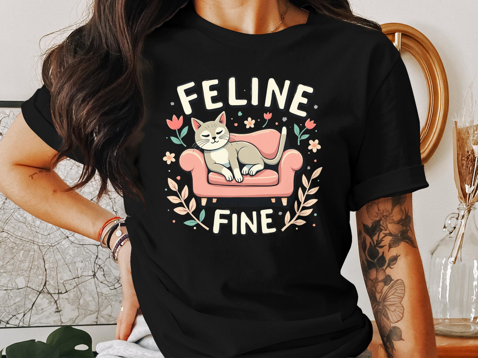 Cute Cat Shirt, Feline Fine T-Shirt, Funny Cat Graphic Tee, Cat Lover Gift, Whimsical Cat Design, Cozy Cat Couch T-Shirt - Craig Michael Design