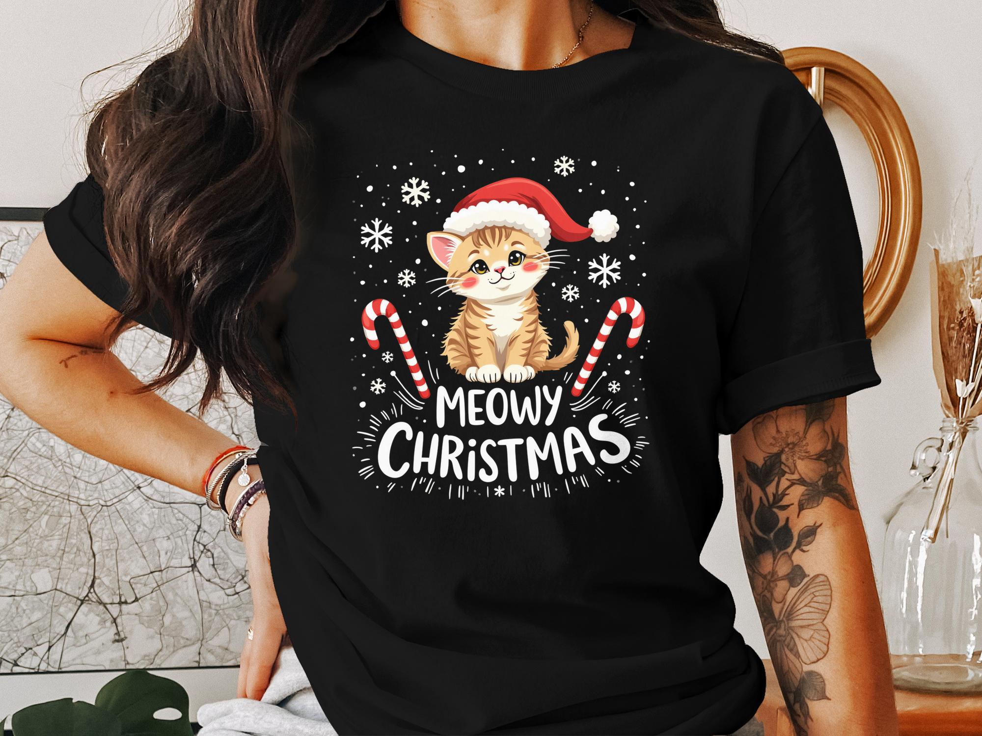 Cute Christmas Cat Shirt, Meowy Christmas TShirt, Festive Holiday Cat Tee, Adorable Kitty Christmas Shirt, Holiday Outfit - Craig Michael Design