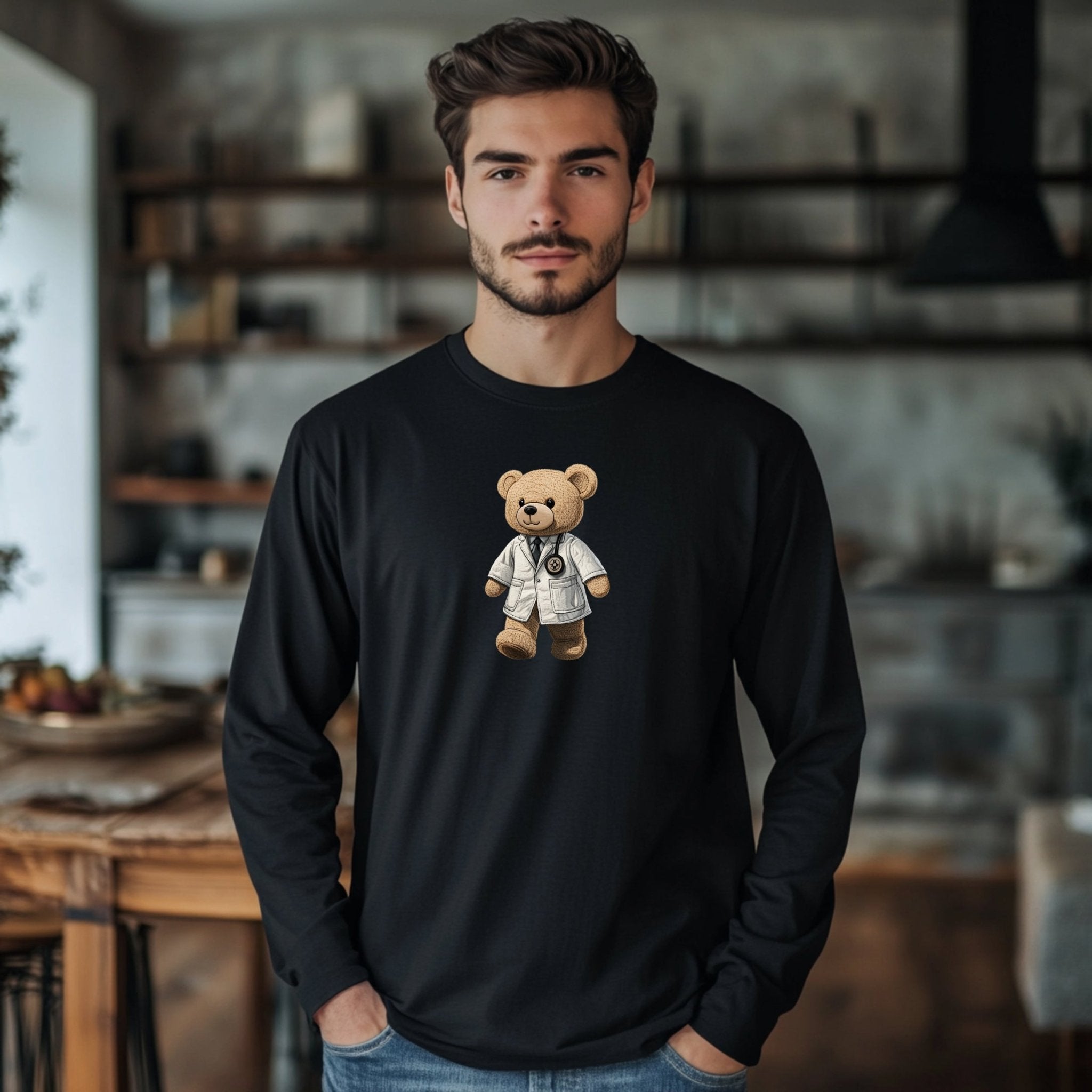 Cute Doctor Bear Long Sleeve T-Shirt, Adorable Animal Cartoon Shirt, Fun Gifts for Medical Professionals, Casual Cute Animal Tee - Craig Michael Design